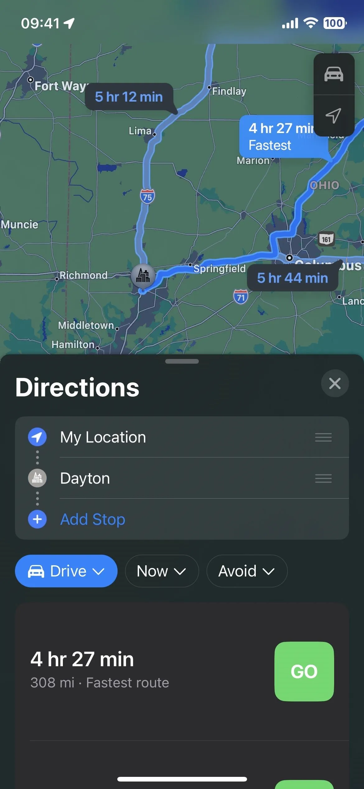 Map screenshot showing driving directions from one location to another with estimated travel time.