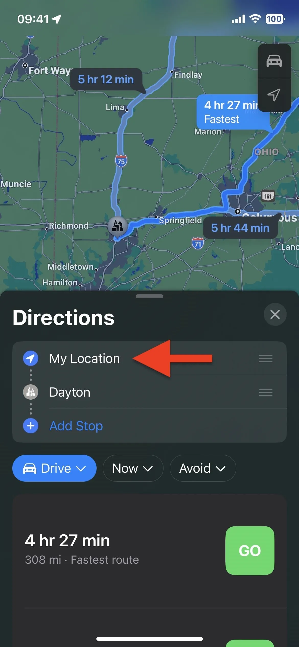 Directions displayed on a mobile map application.