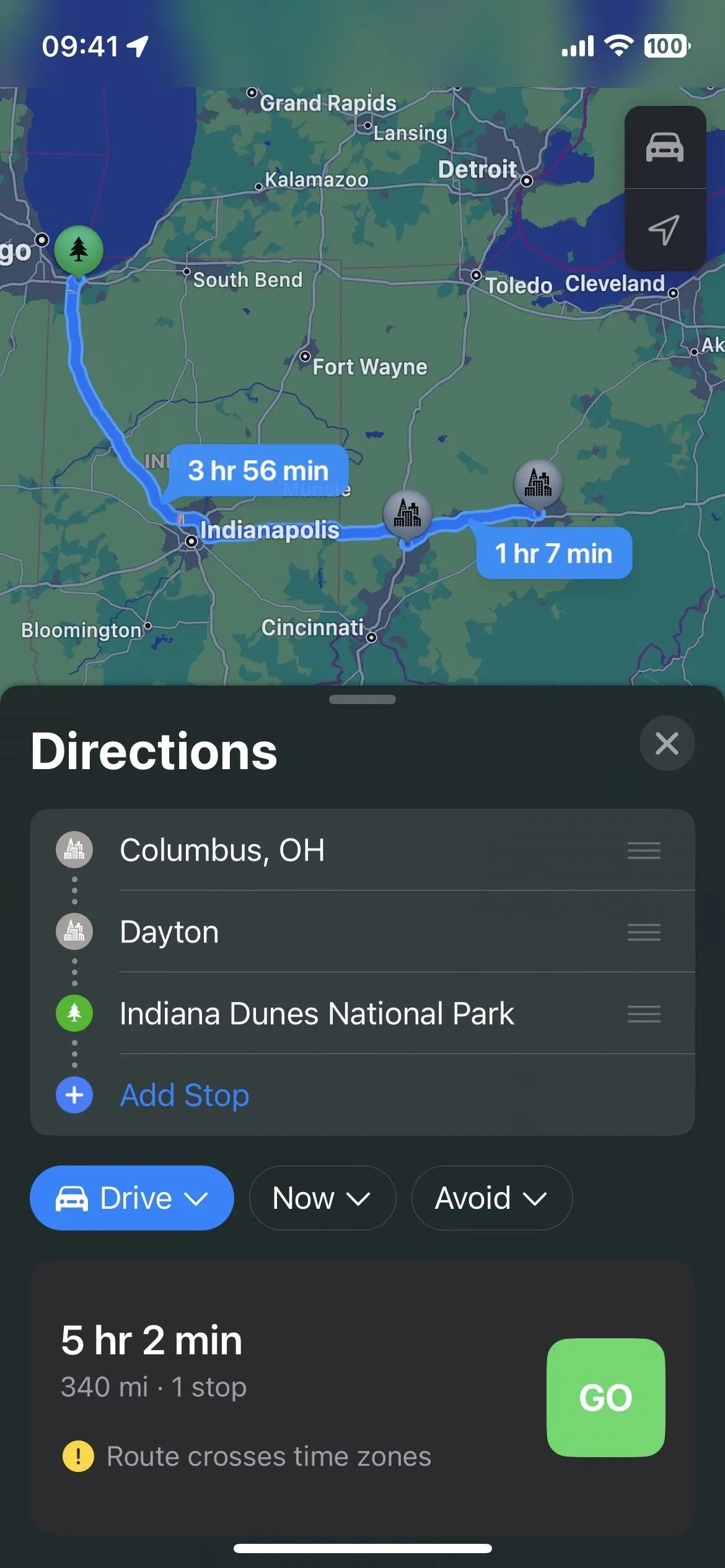 Map displaying driving directions from Columbus, Ohio to Indiana Dunes National Park.