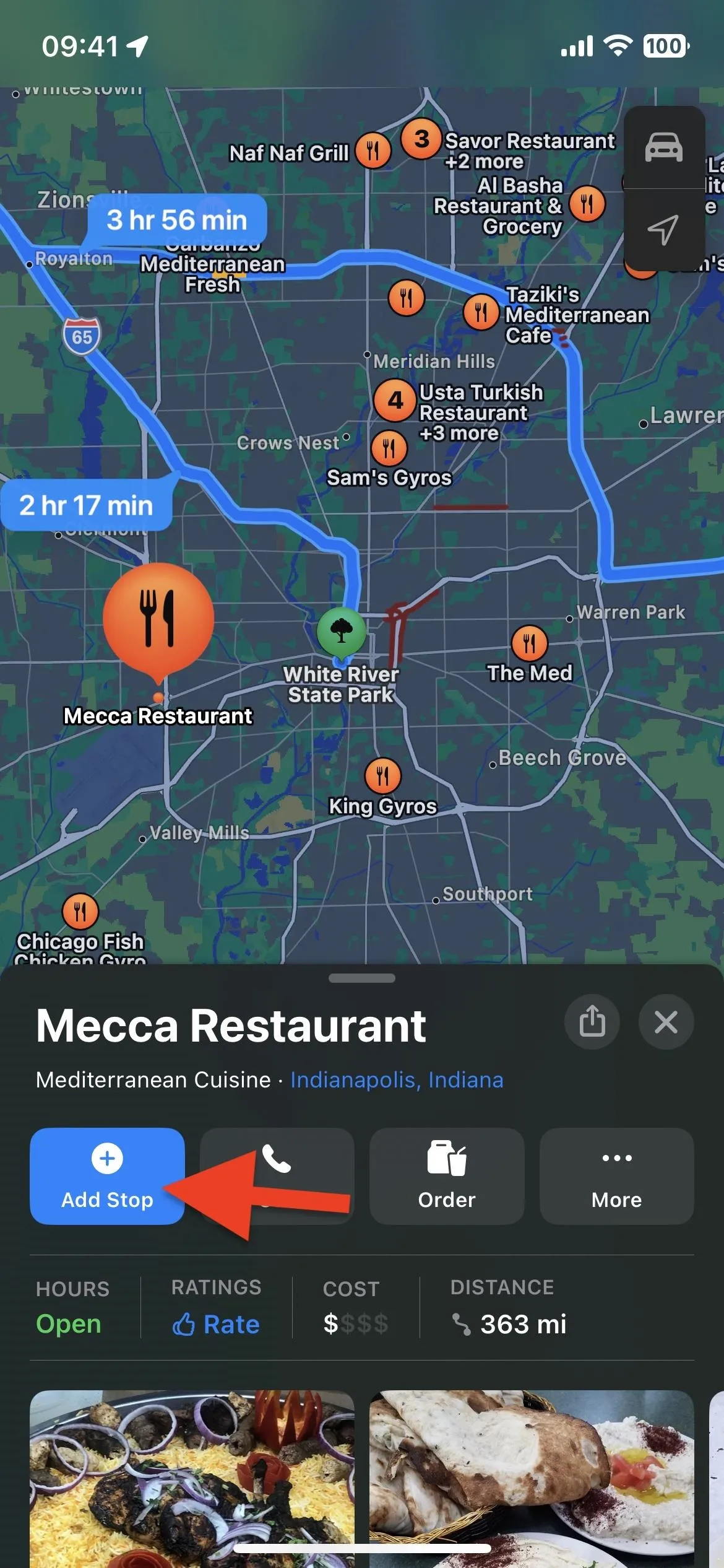 Map overview displaying Mecca Restaurant with contact information and navigation options.