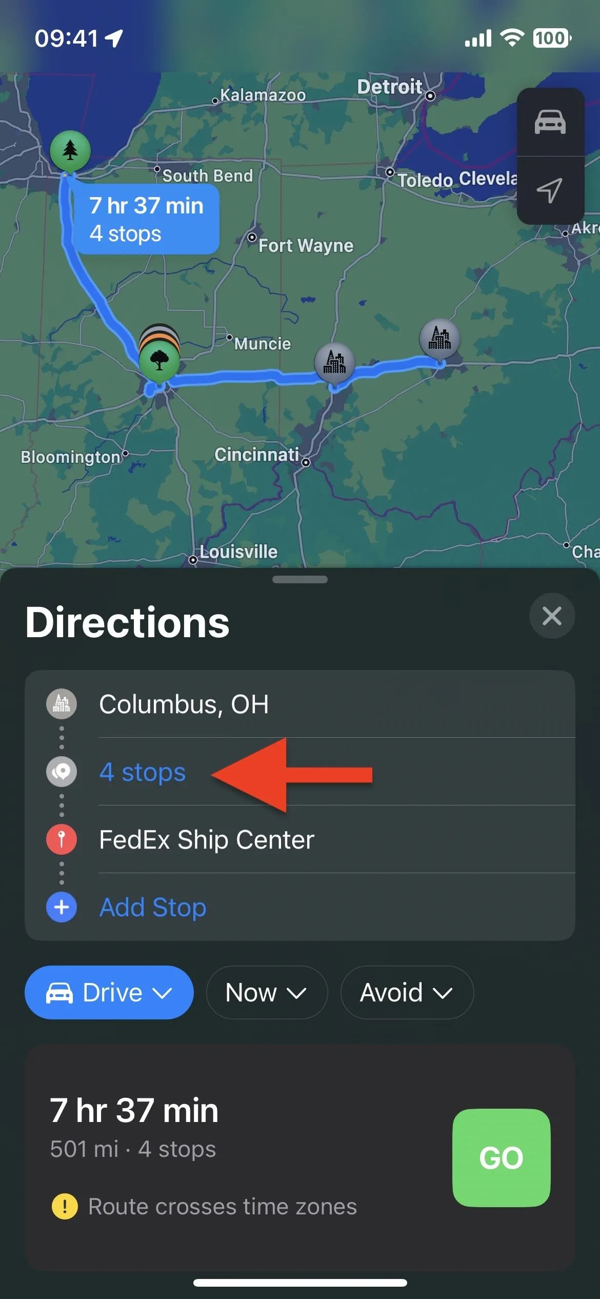 Directions from Columbus, OH to a destination, showing travel time and route on a map.