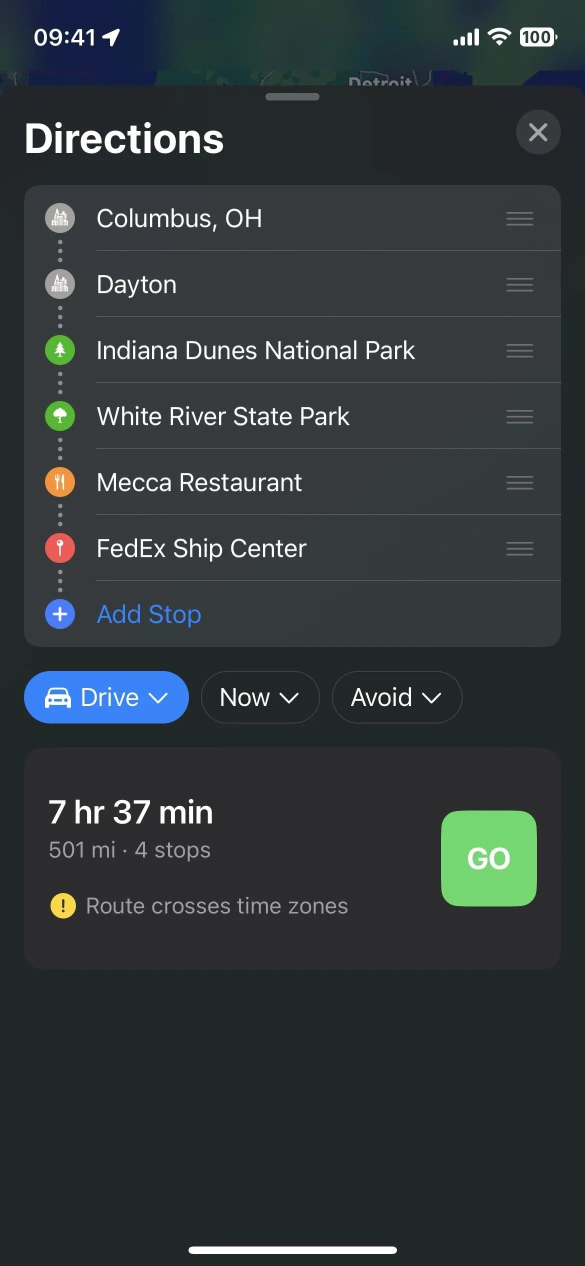 Directions from Columbus, OH to various locations with estimated travel time.