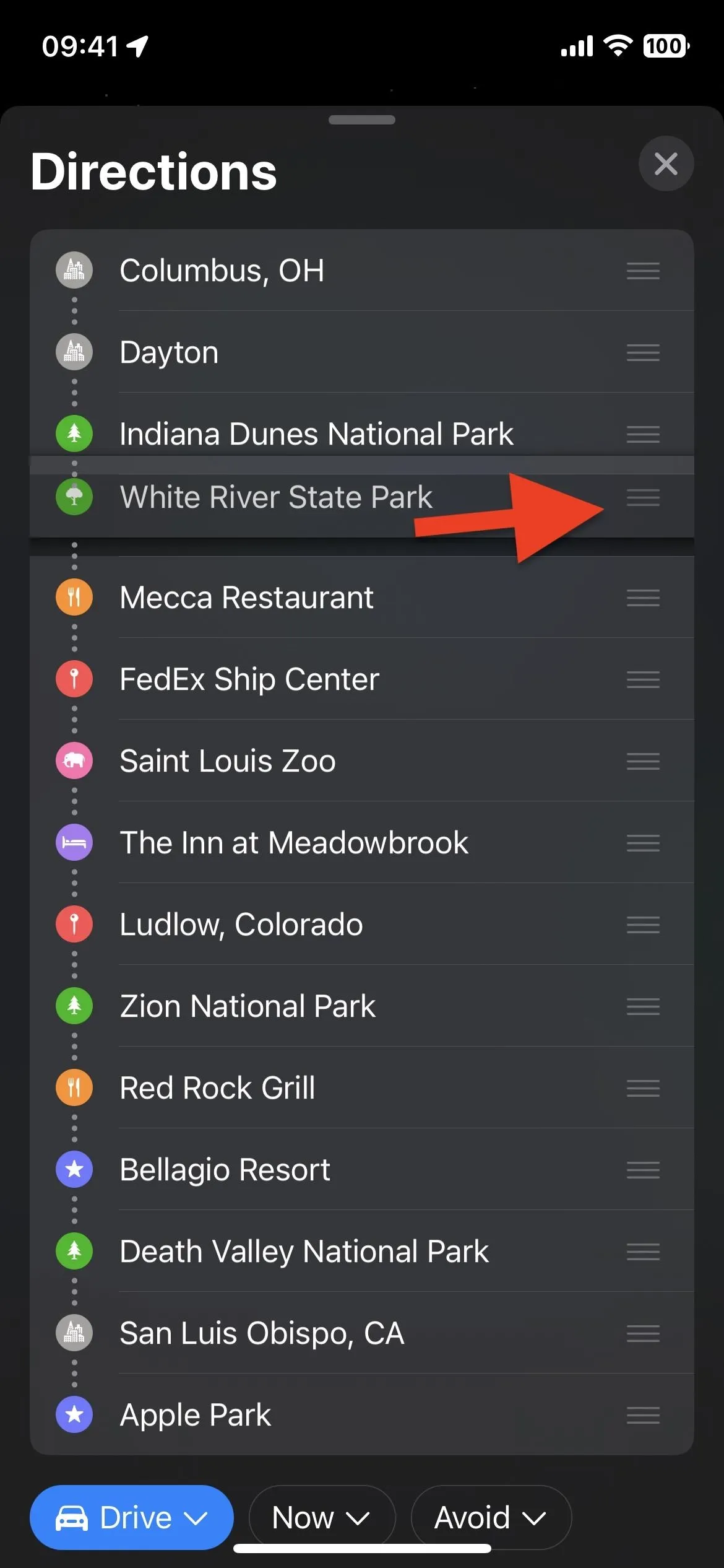 List of directions with highlighted location.