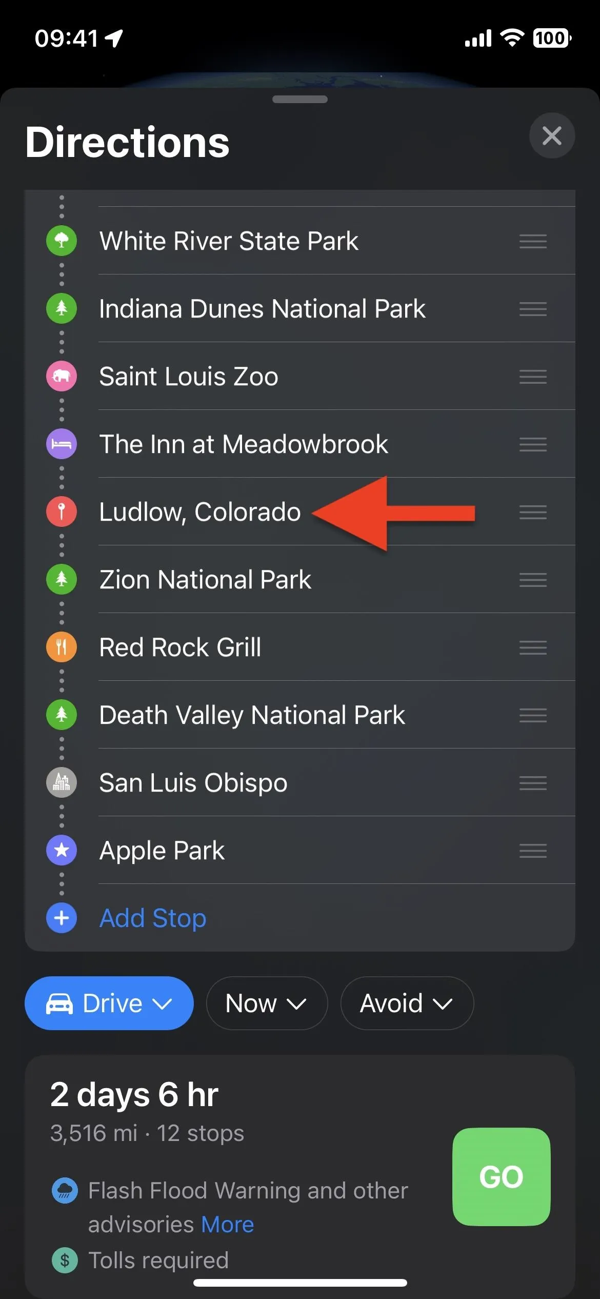 Directions list featuring multiple locations, with a highlighted entry for "Zufrin, Colorado."