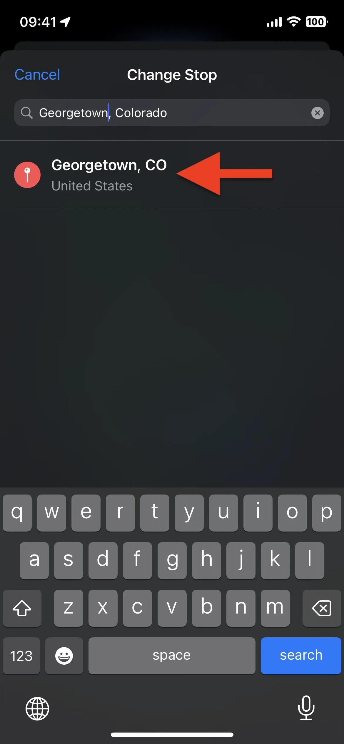 Search bar displaying 'Georgetown, CO' with an arrow pointing to the selection.