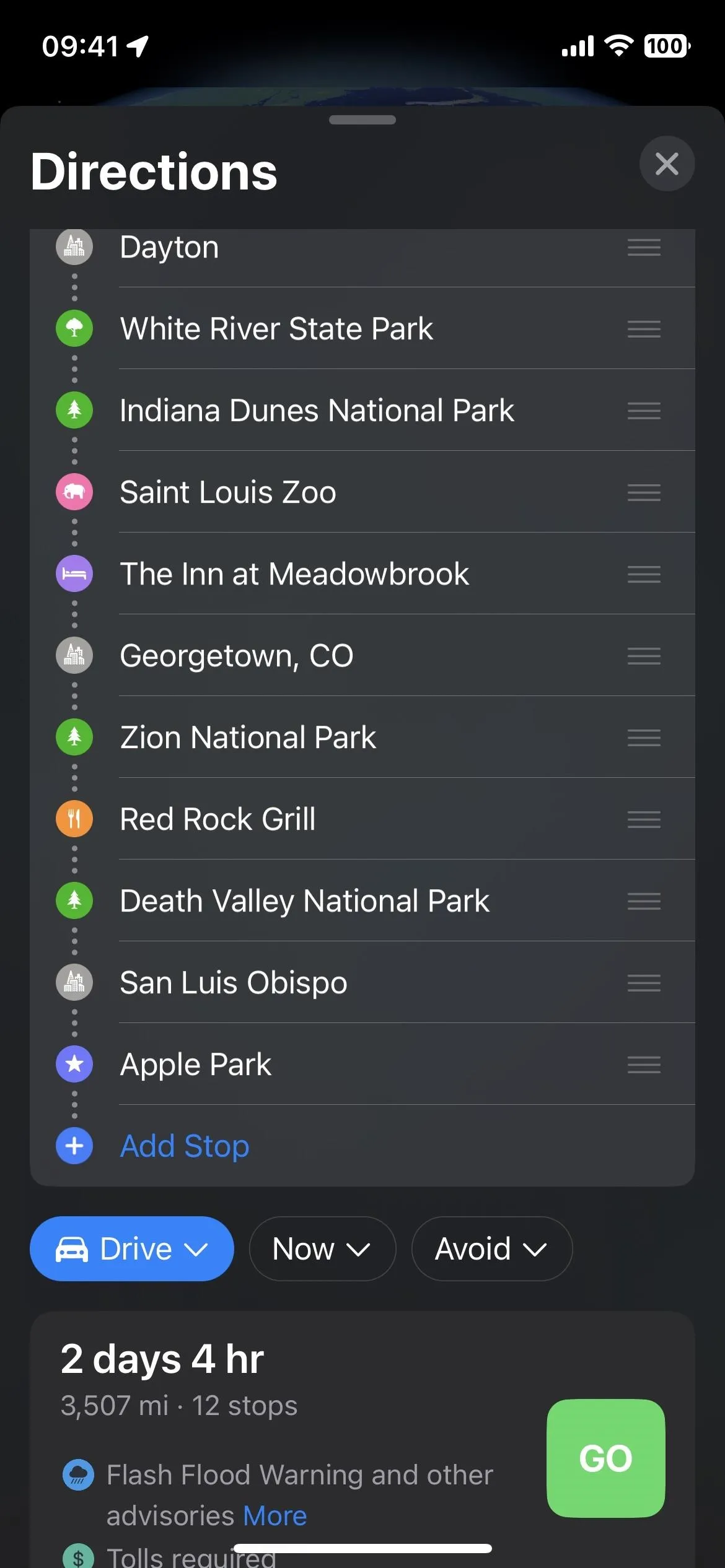 Directions list with multiple locations and estimated travel time.