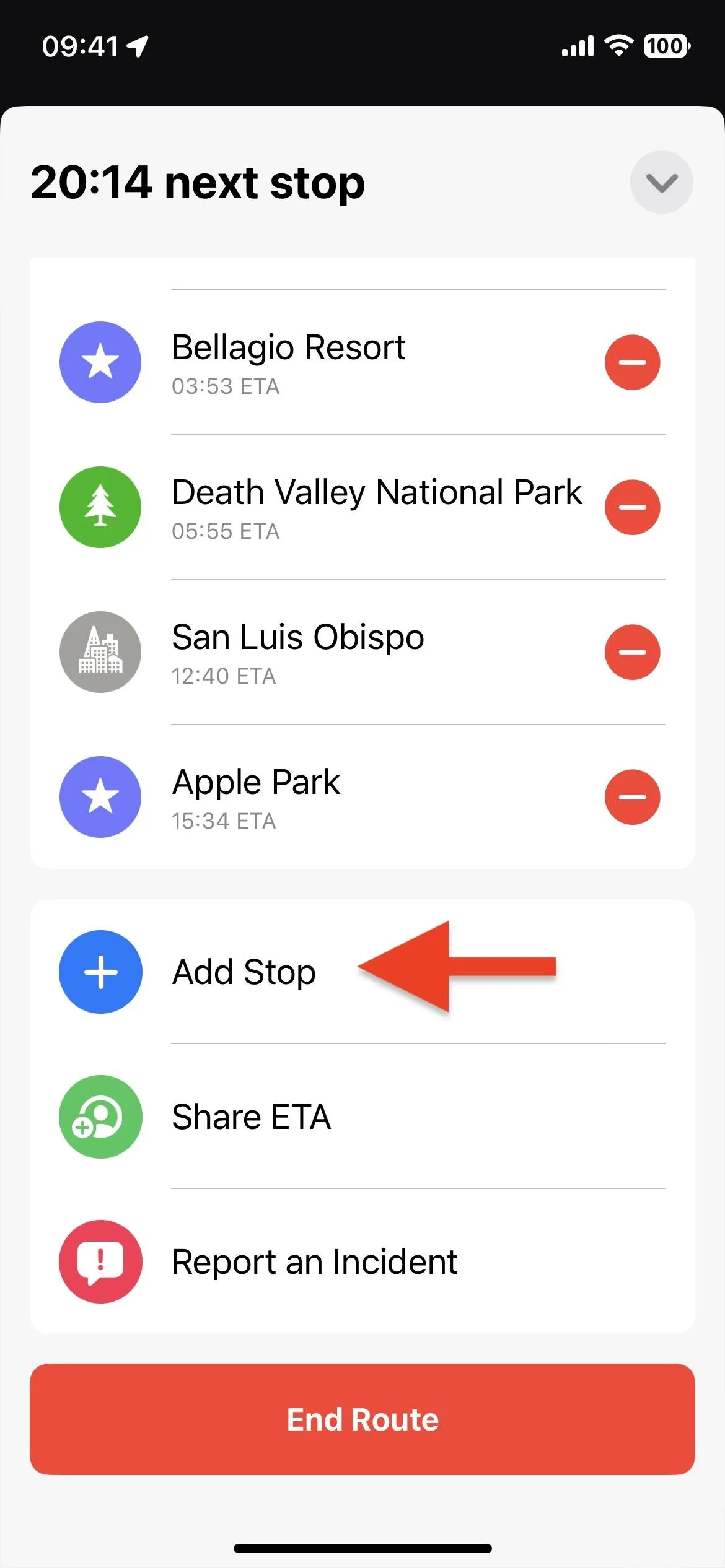 Next stop options for a travel app, including Badlands National Park, Canyon Valley National Park, Sun Lake Cliffs, Apple Park, and an Add Stop feature.