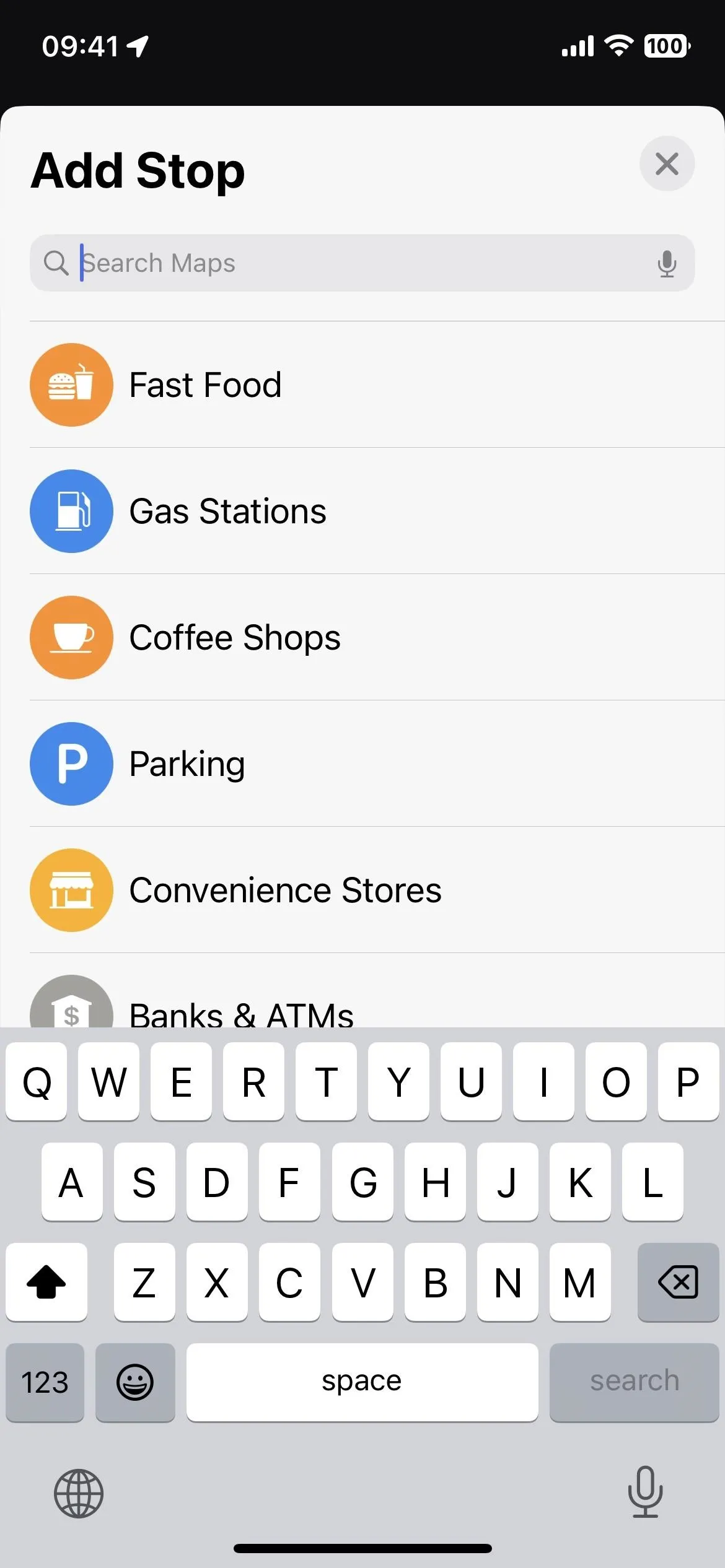 Add stop options in a mobile app, including food, gas stations, coffee shops, and convenience stores.