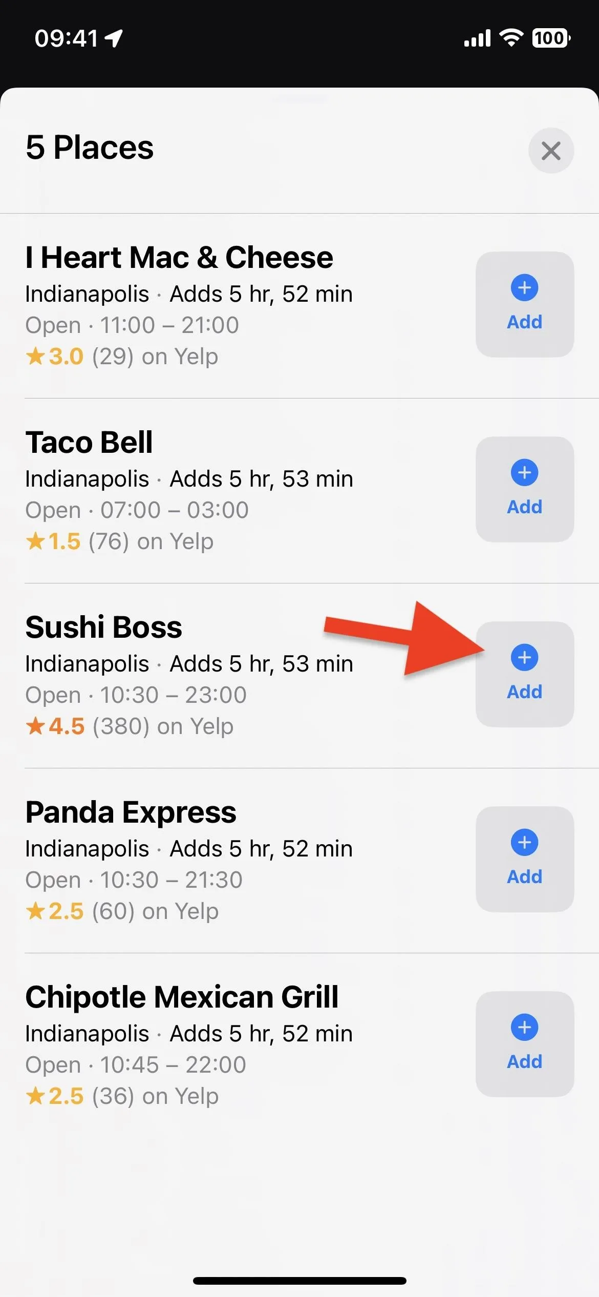 Restaurant list with delivery times, highlighting "Sushi Maki."