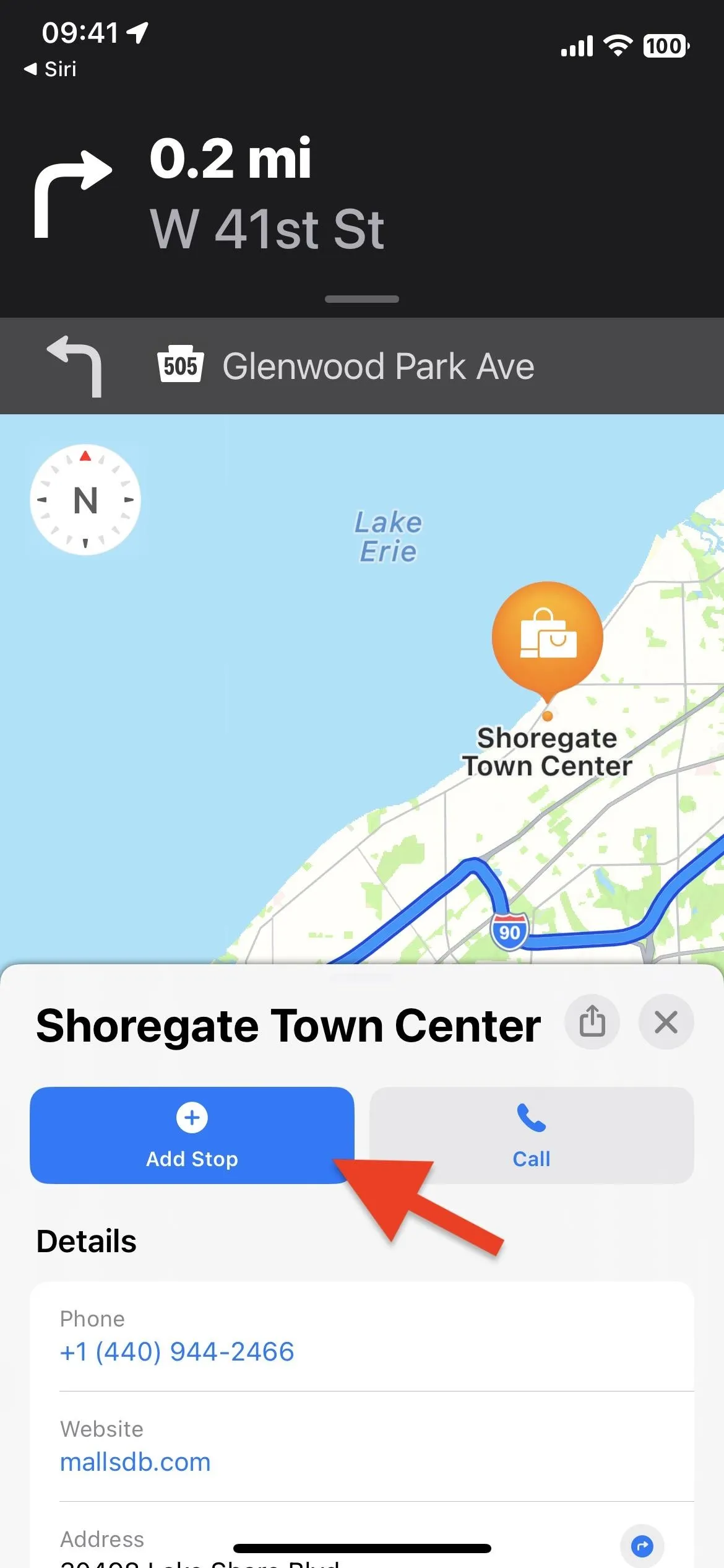 Navigation interface showing directions to Shoregate Town Center with distance details.