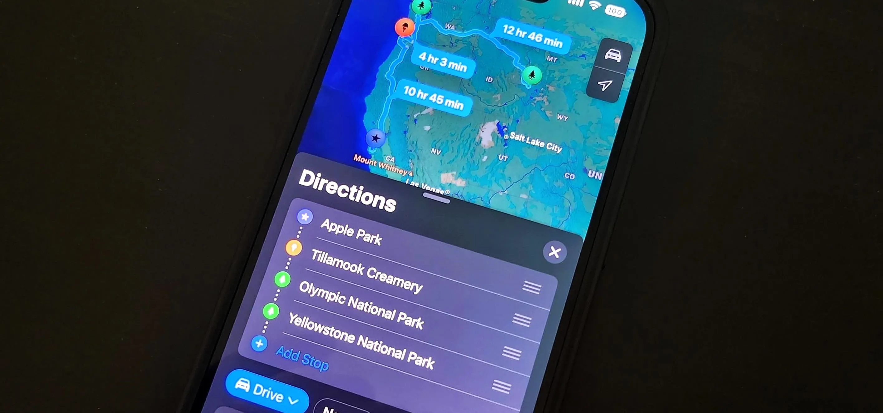 Map interface displaying directions and locations on a smartphone.