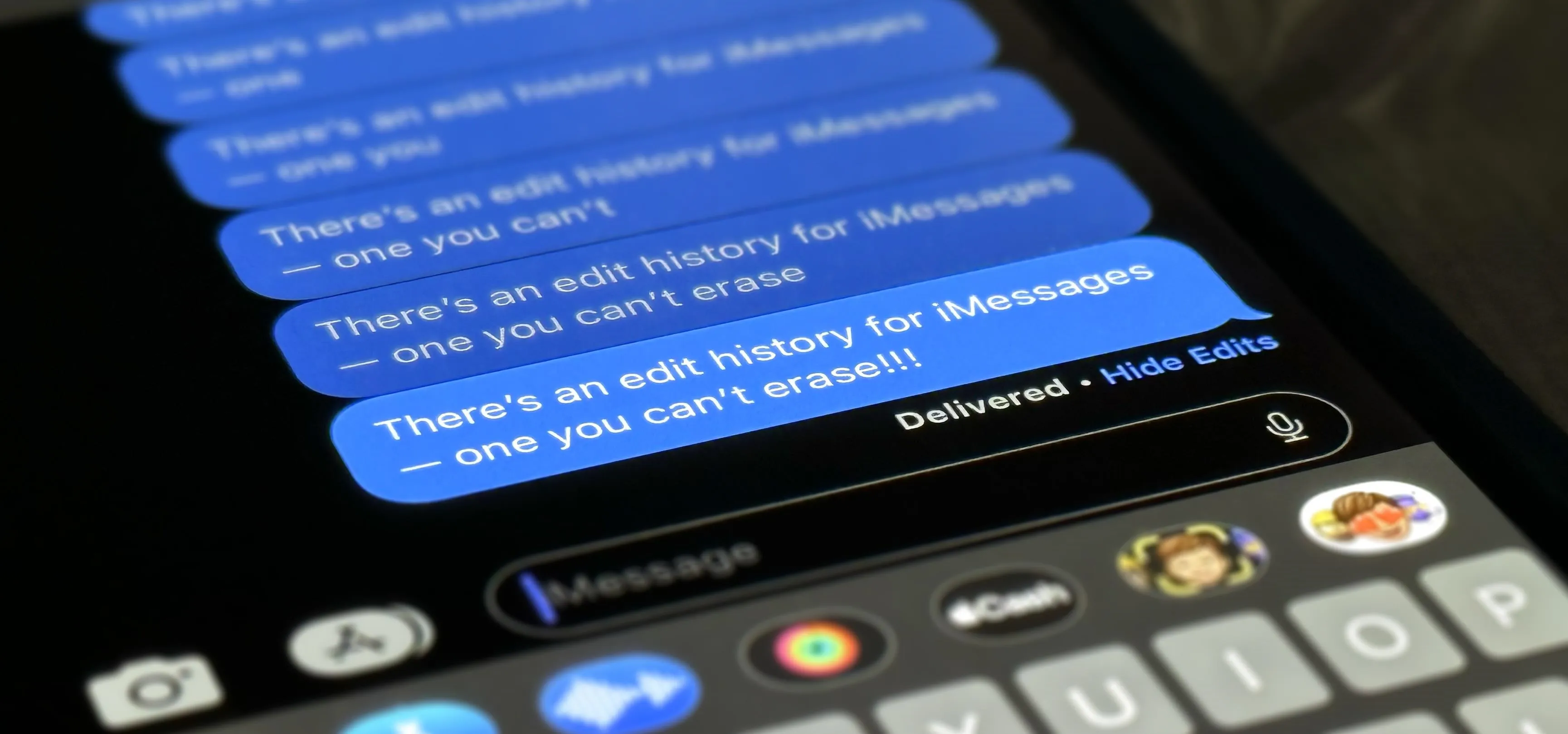 Text conversation on a smartphone screen discussing the edit history for messages.