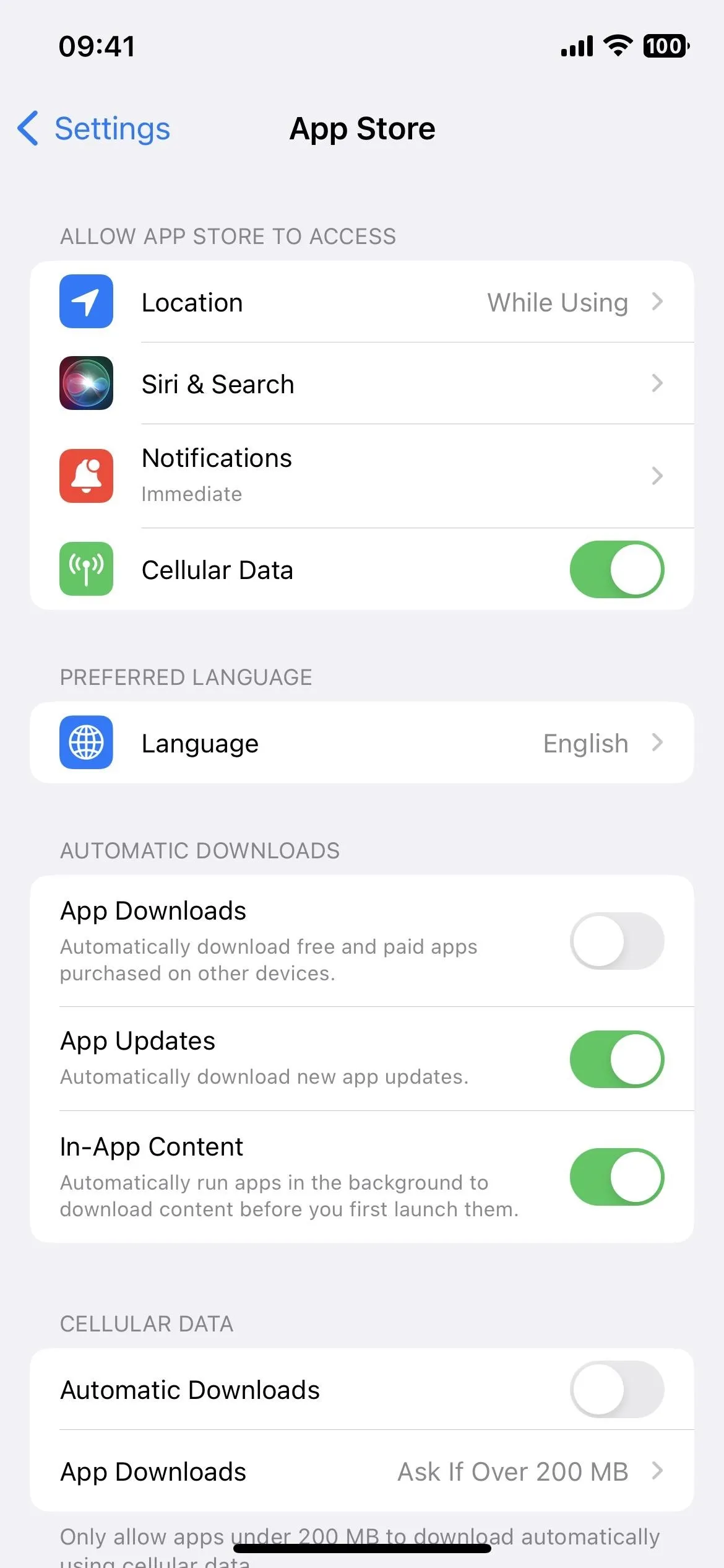 App Store settings menu with options for search, notifications, and data preferences.