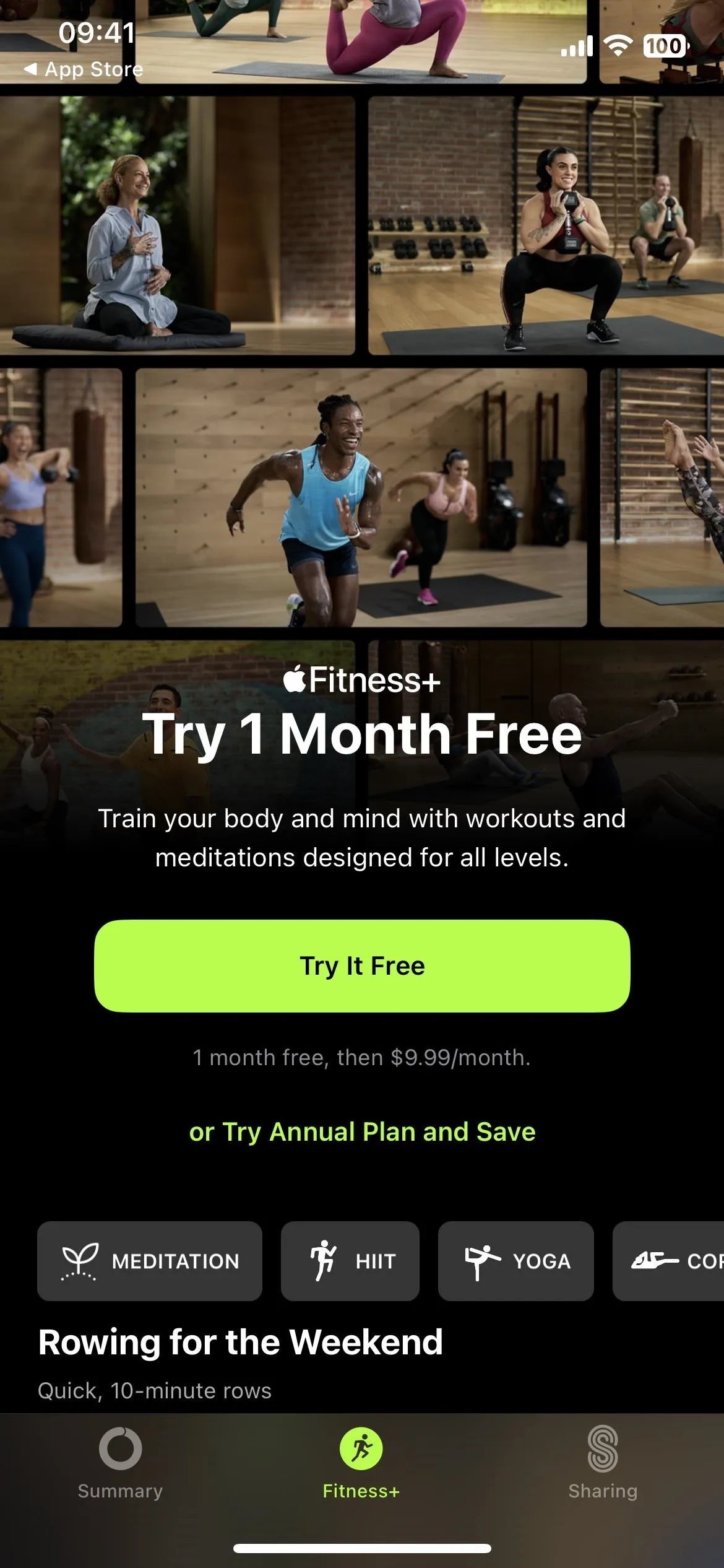 Fitness app promotional image featuring diverse individuals engaging in various exercises, offering a free trial.