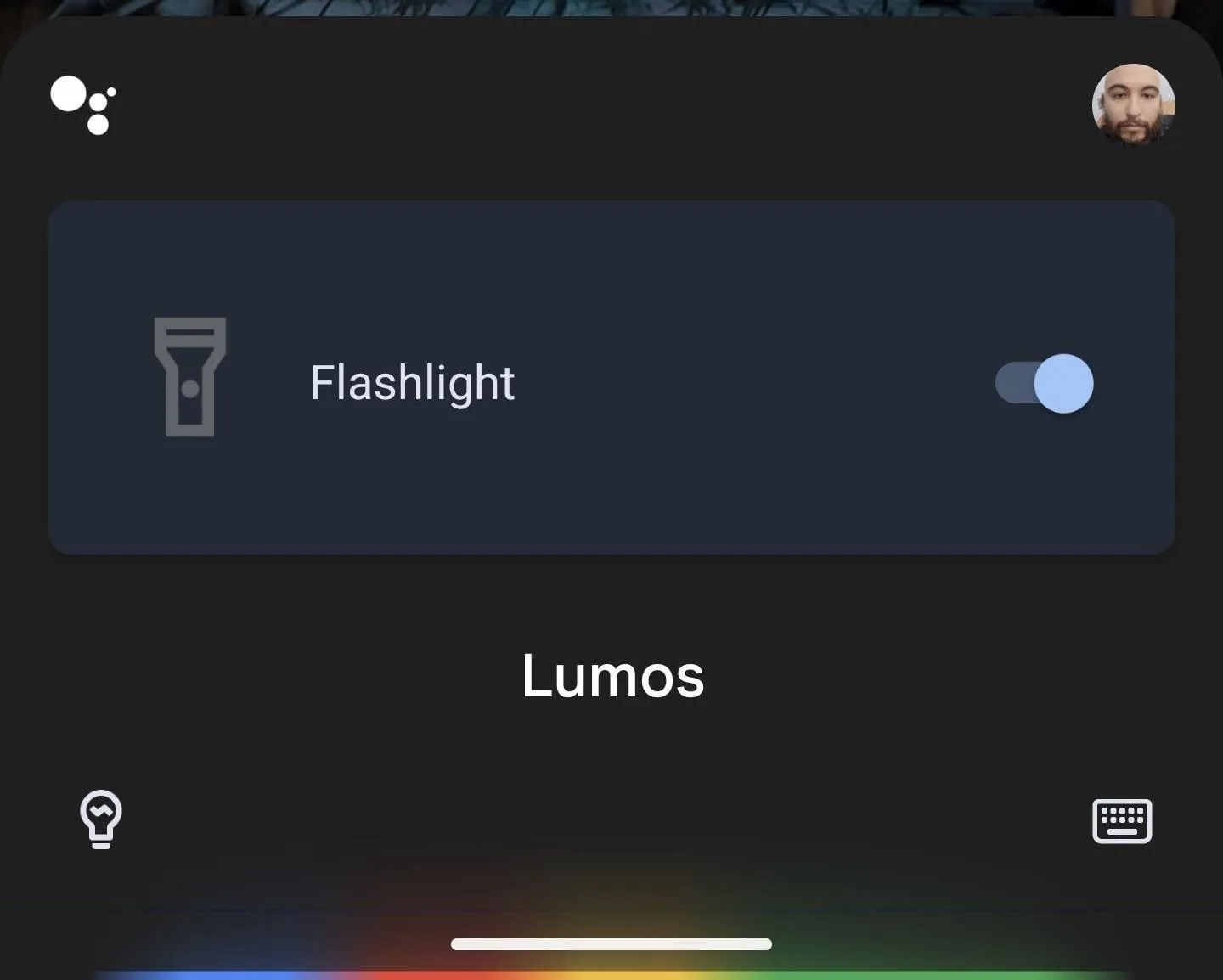 Flashlight toggle interface in an app named Lumos.