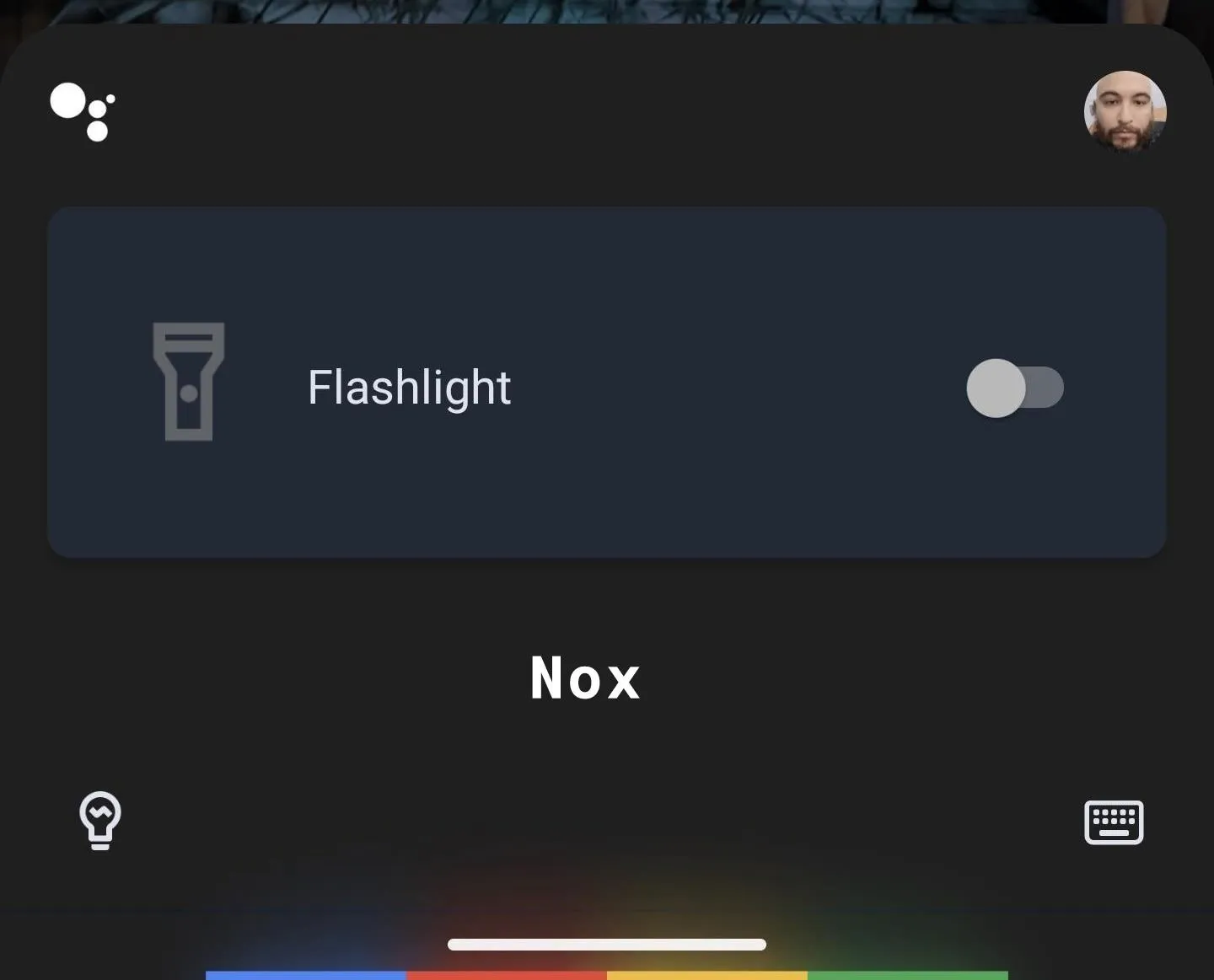 Flashlight toggle feature in an app interface with color options below.