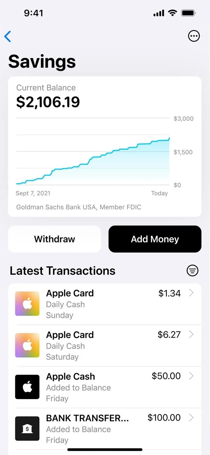 Savings account balance and transaction history on a mobile banking app.