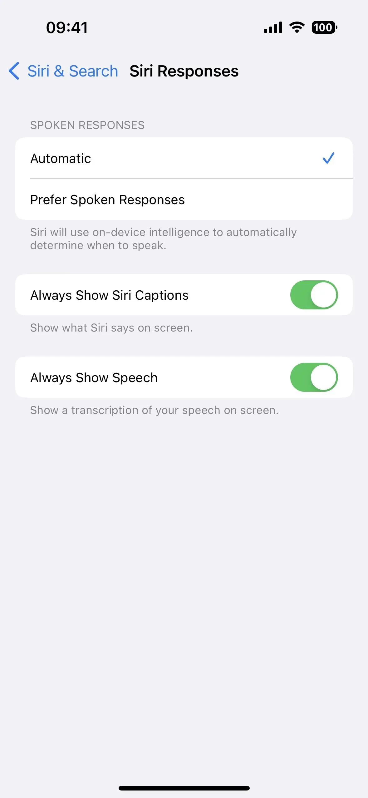 Settings screen for Go to Telegram app with options for enable/disable captions and voice over.