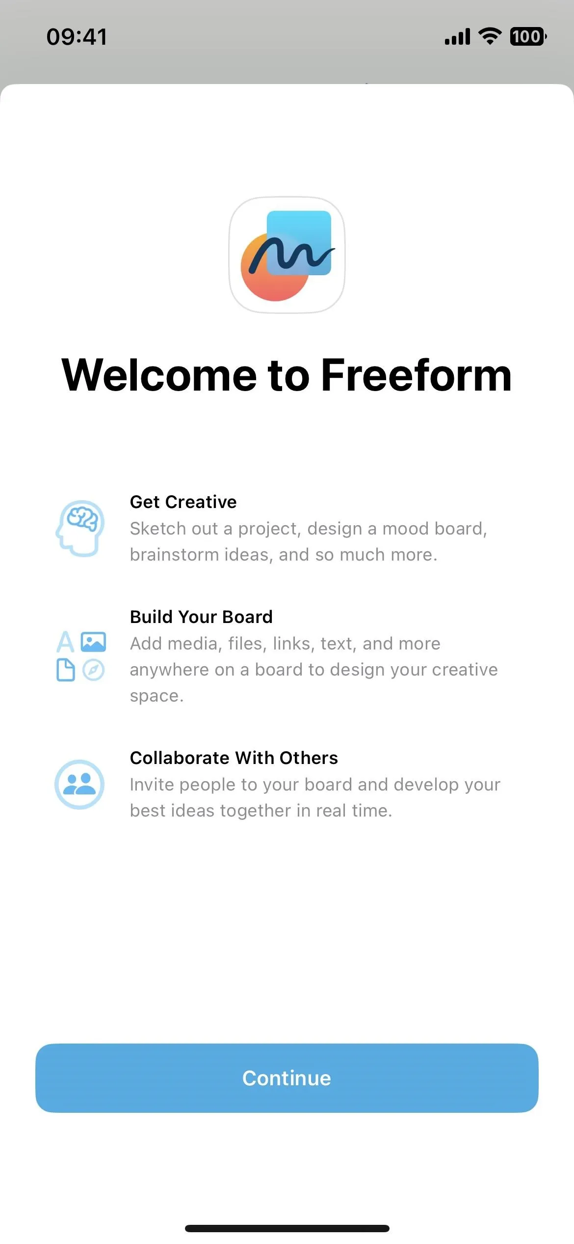 Welcome screen of a mobile app called Freeform with introductory options.