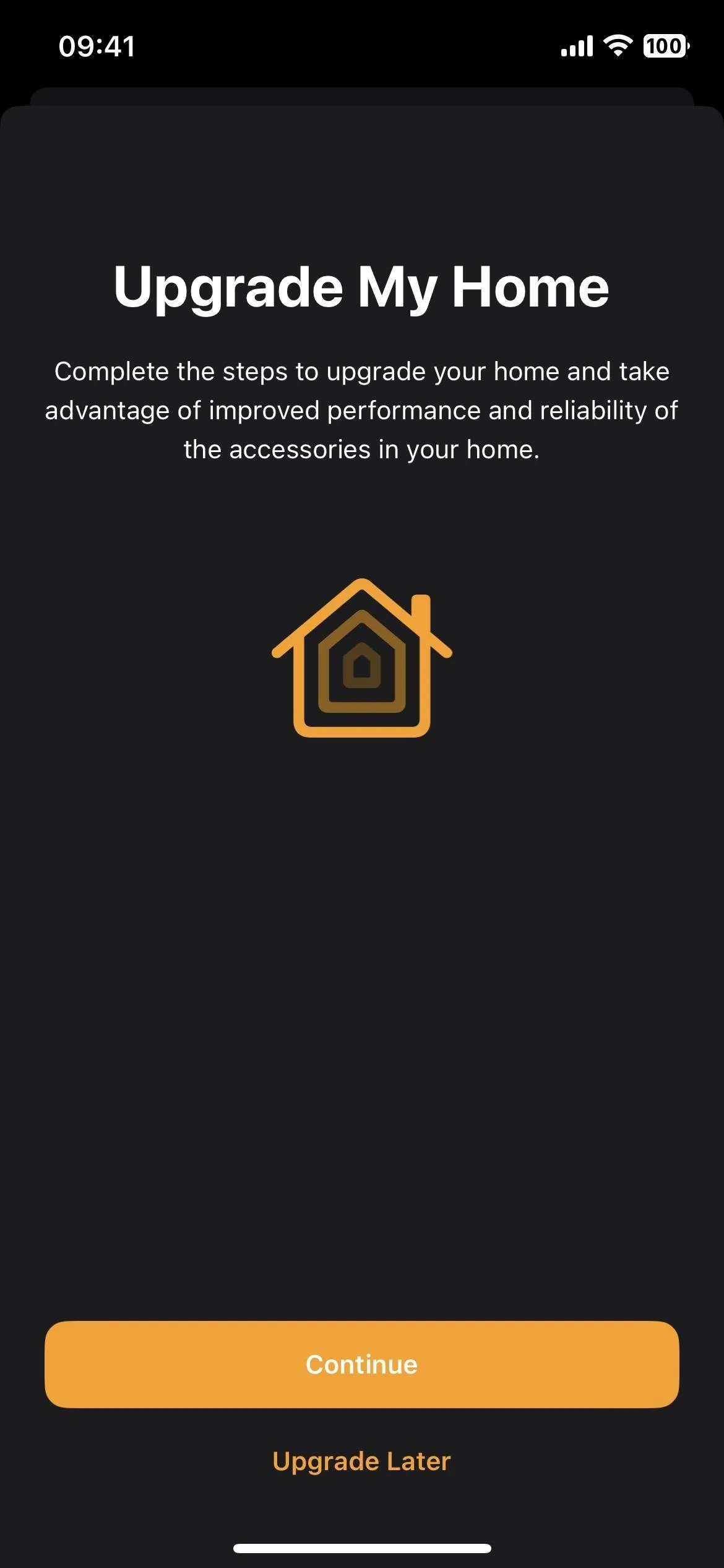 Upgrade My Home app interface with a house icon and prompt to get started.