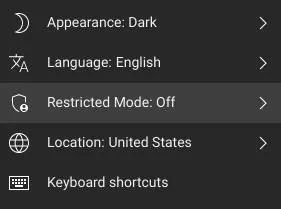 Settings menu with options for appearance, language, restricted mode, location, and keyboard shortcuts.