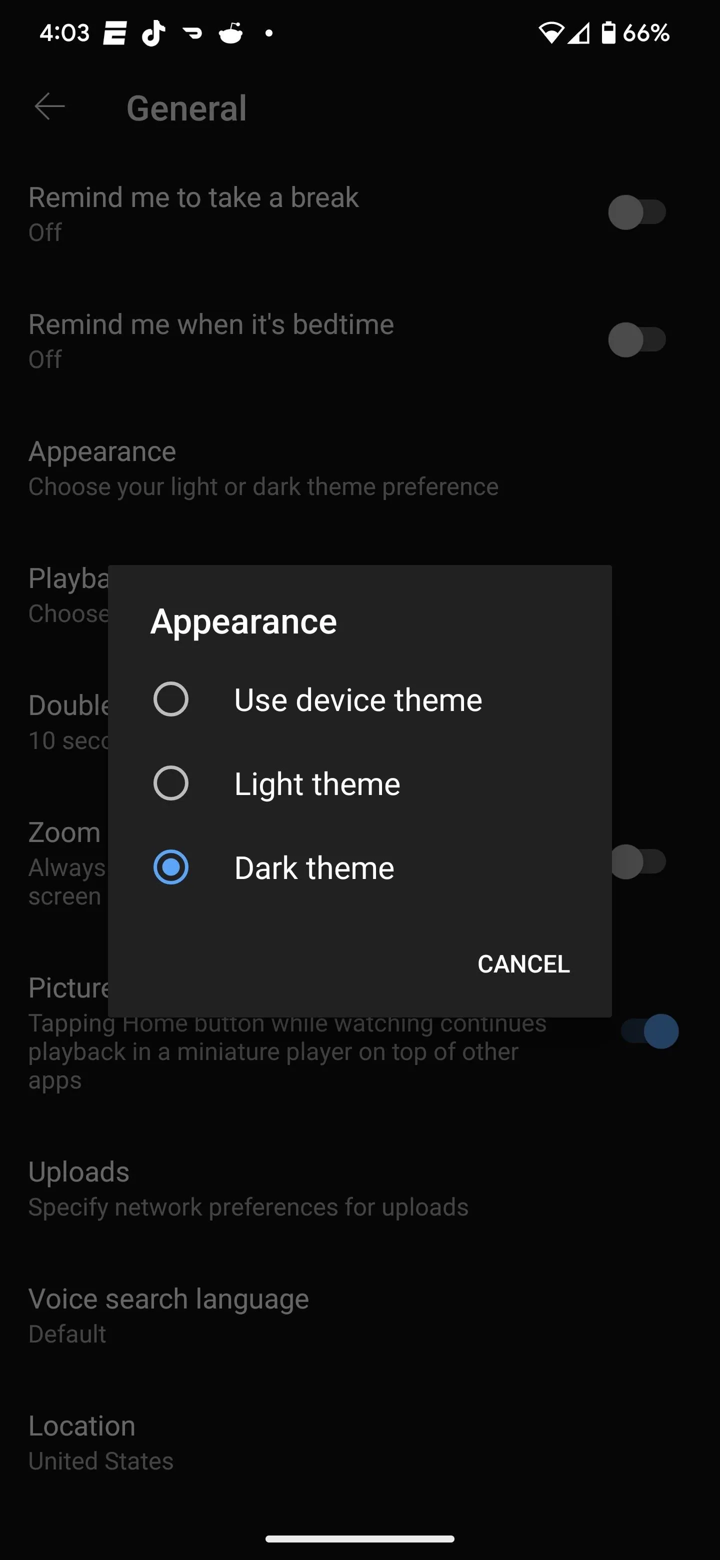 Settings menu with display options for a mobile device.