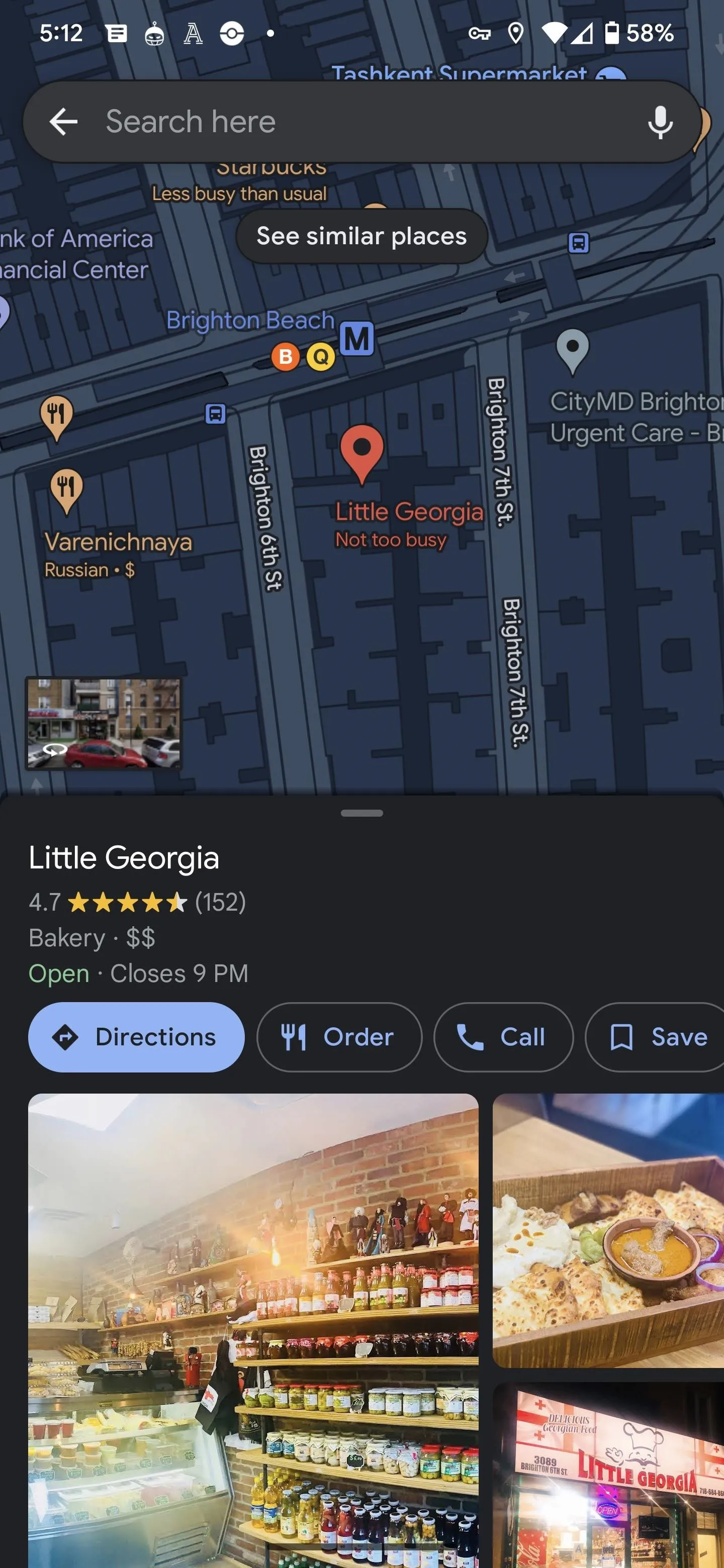 Map view of a location with nearby points of interest and restaurant details.