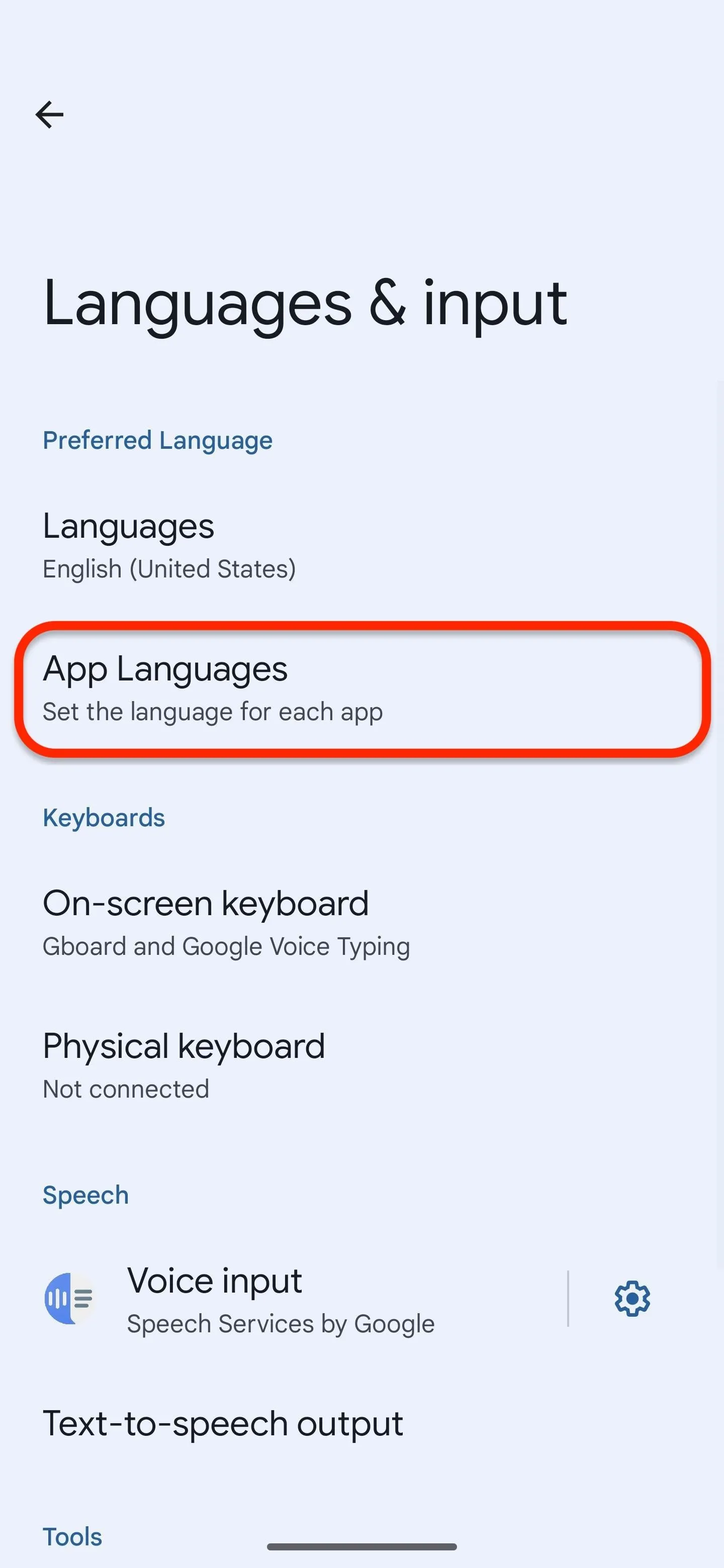 Language settings menu on a mobile device screen.