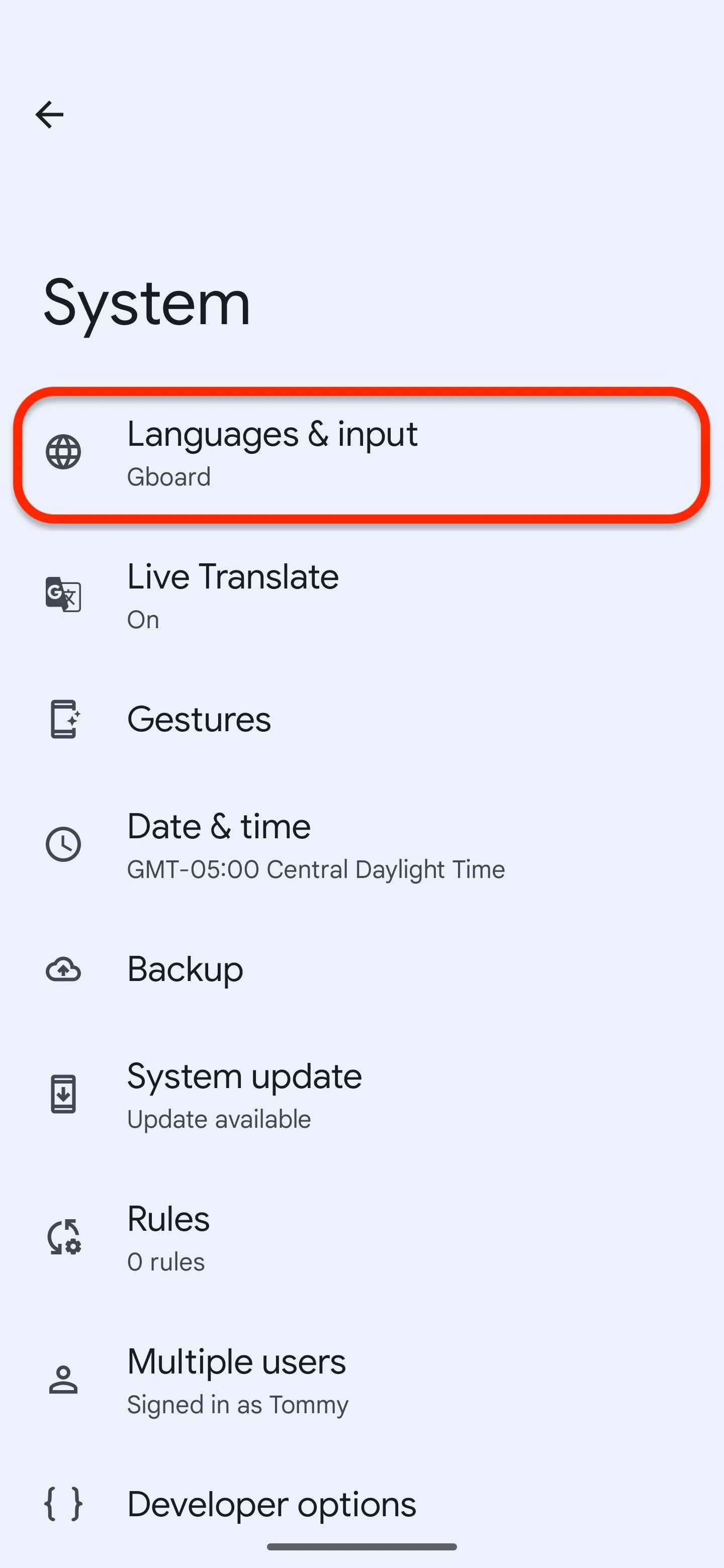 System settings interface displaying language options.