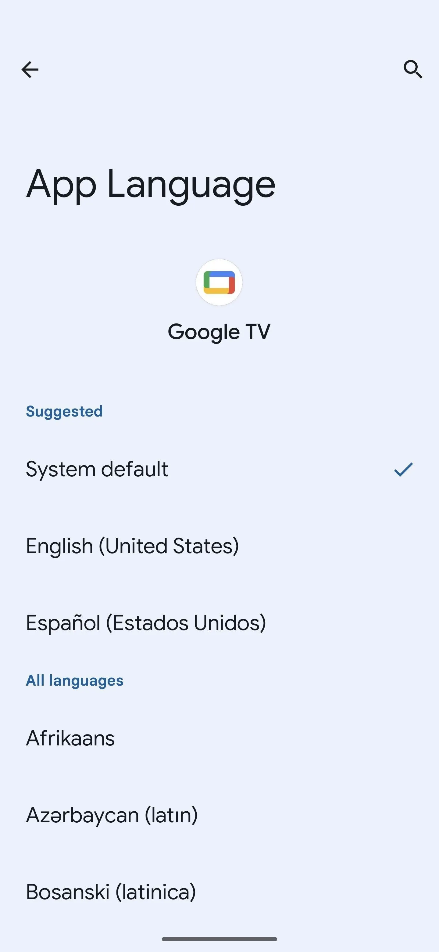 App language settings for Google TV