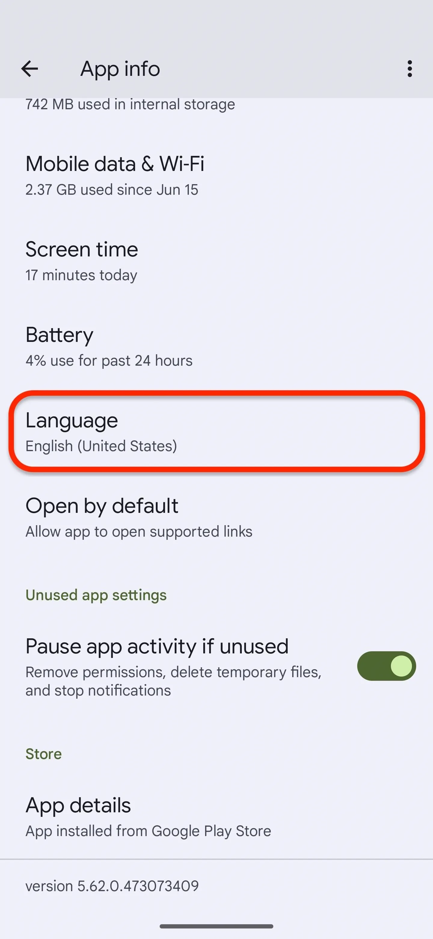 Settings menu highlighting language options.