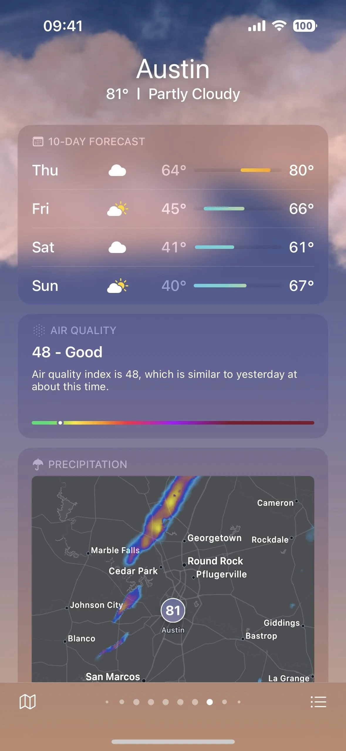 Weather forecast for Austin, showing current conditions and hourly temperature predictions.