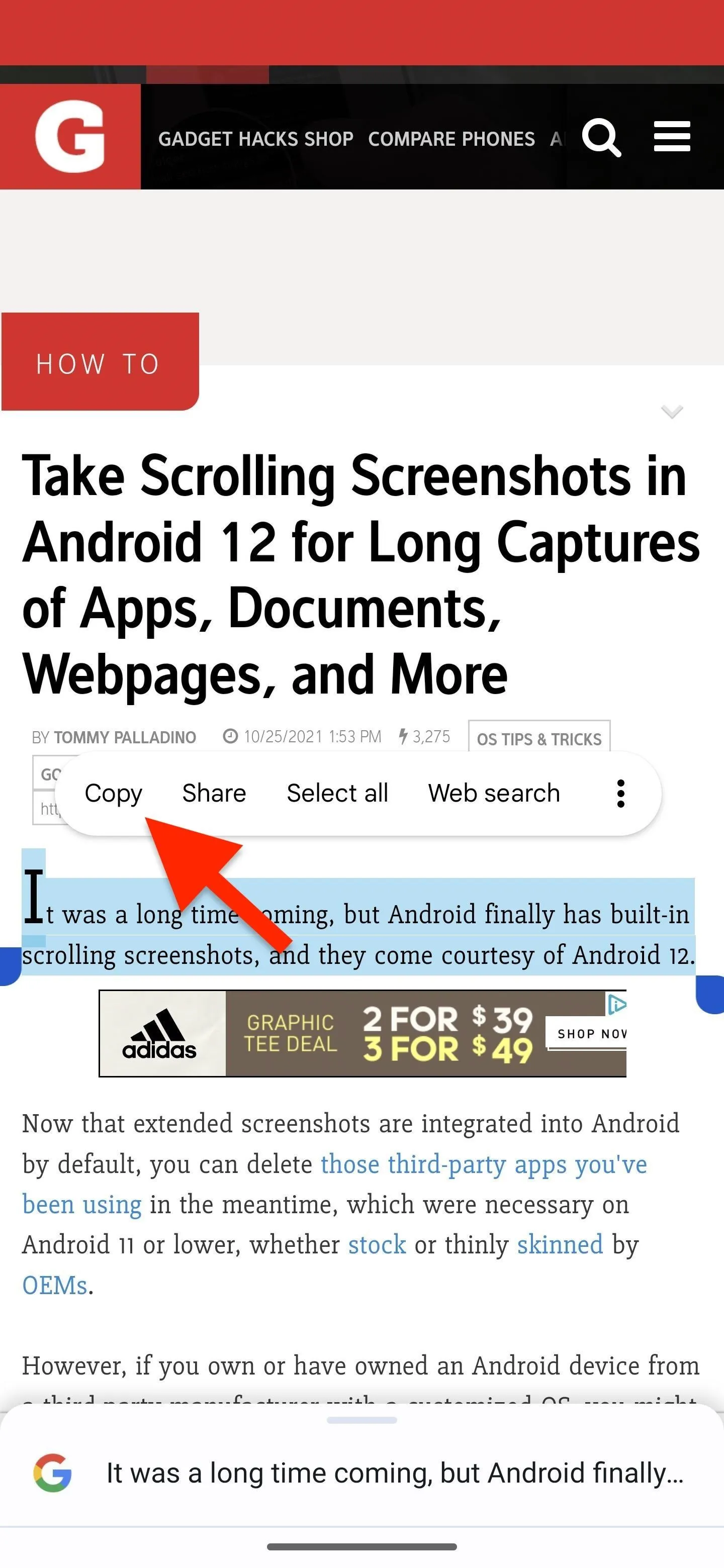 Screenshot of a webpage discussing how to take long screenshots on Android 12, including tips for capturing apps and documents.