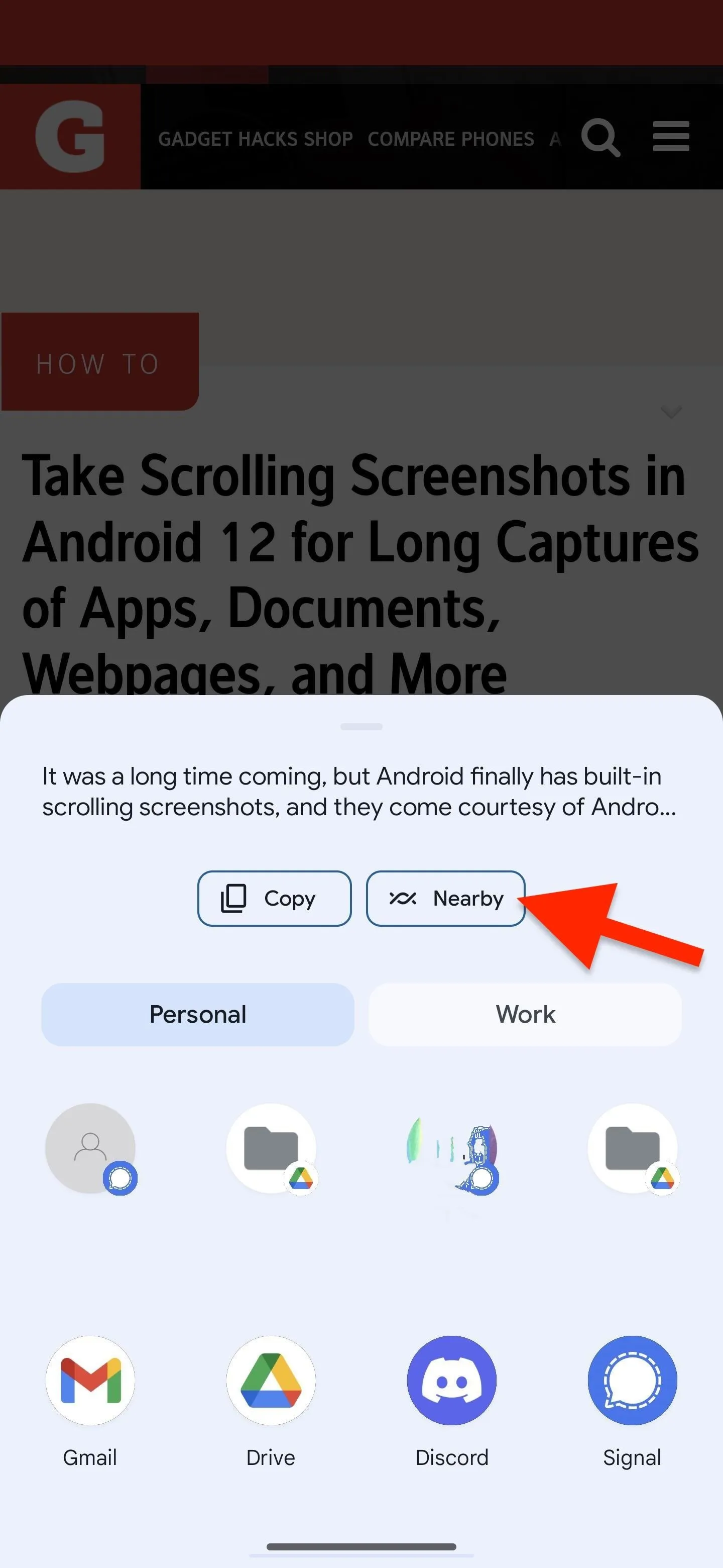 Screenshot demonstrating how to take scrolling screenshots on Android 12, highlighting the capture options.