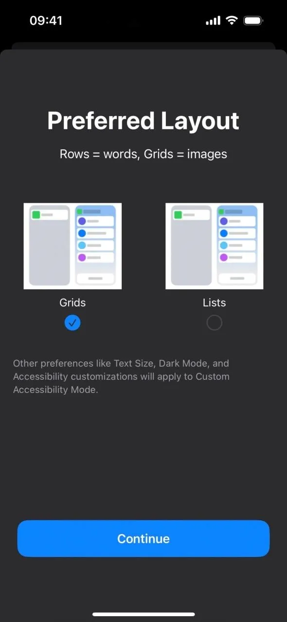 Preferred layout selection screen for a mobile application.