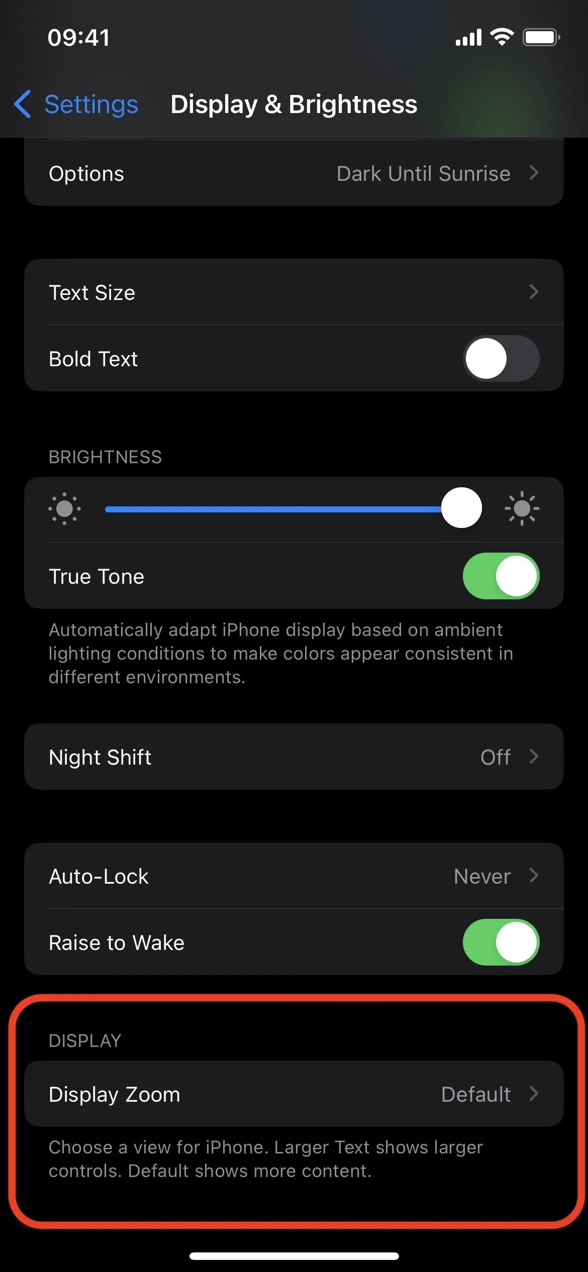 Display settings menu on a mobile device, featuring options for brightness, night mode, and display timing.