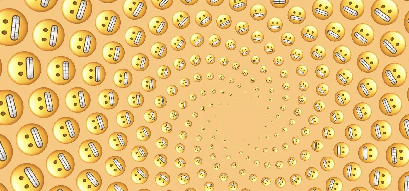 Spiral pattern of various emoji faces on a yellow background.