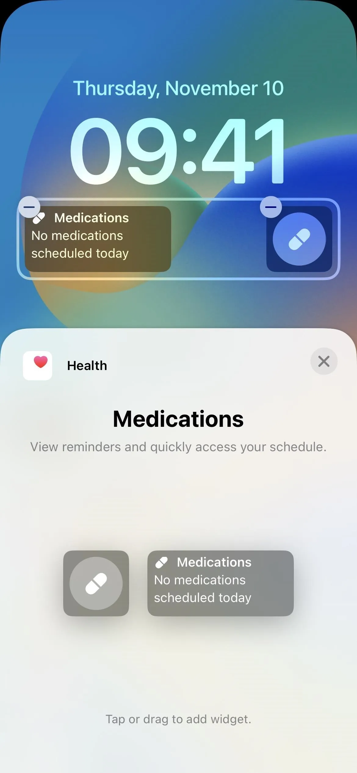 Screenshot of a smartphone display showing the date and time, and a notifications panel with reminders for medication.