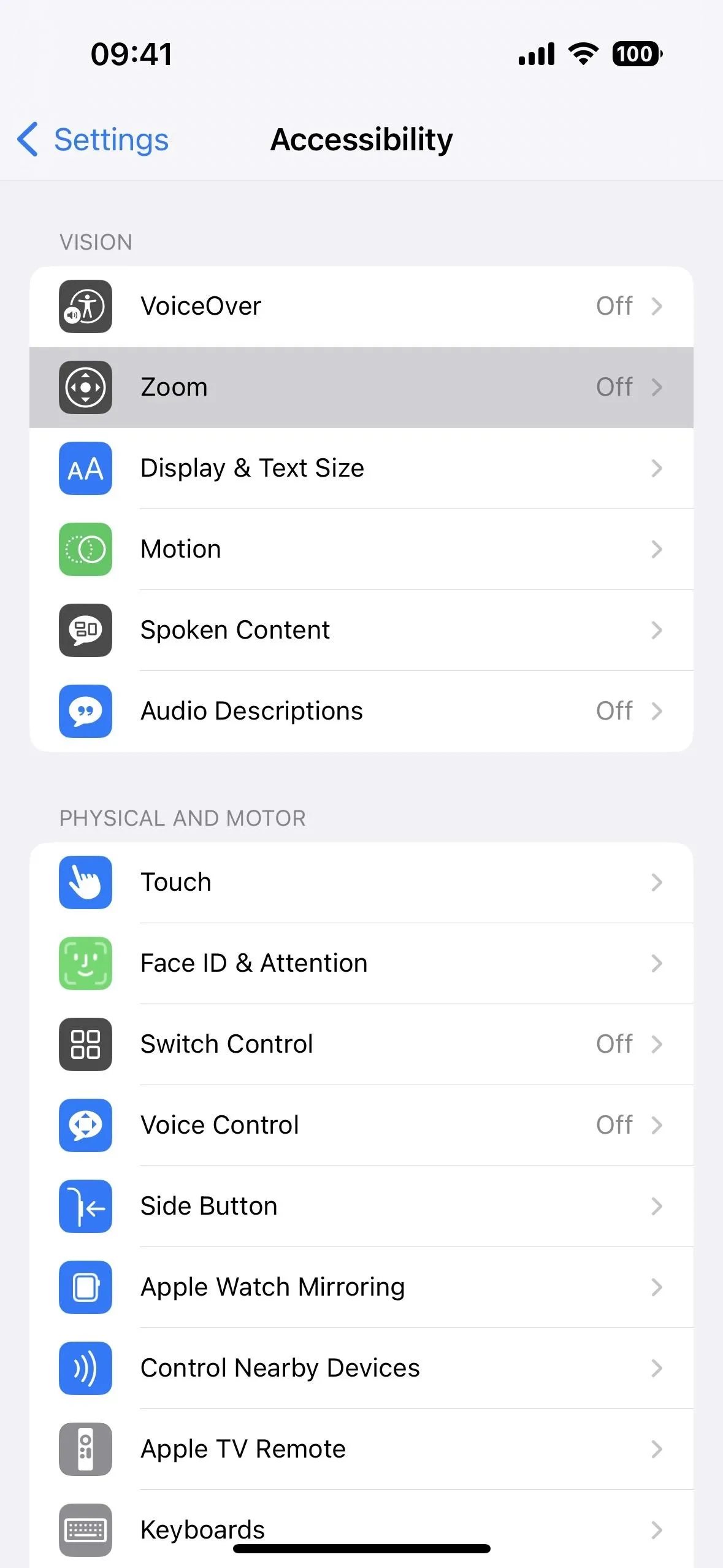 Accessibility settings menu on a smartphone.