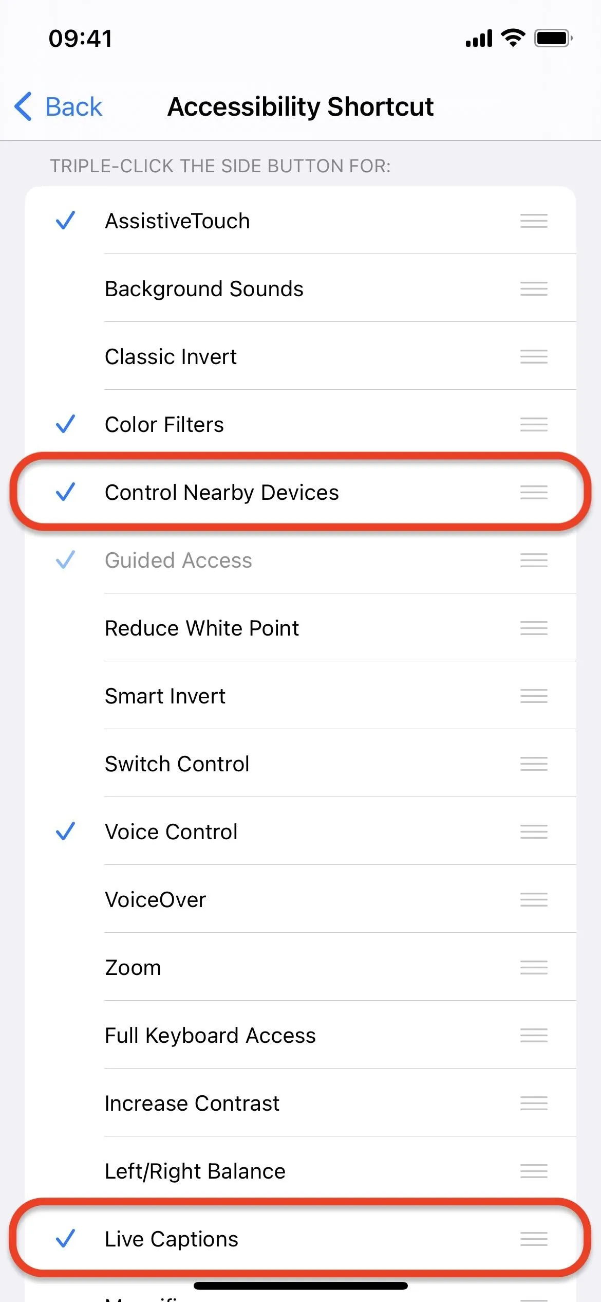 Accessibility settings options on a mobile device screen.