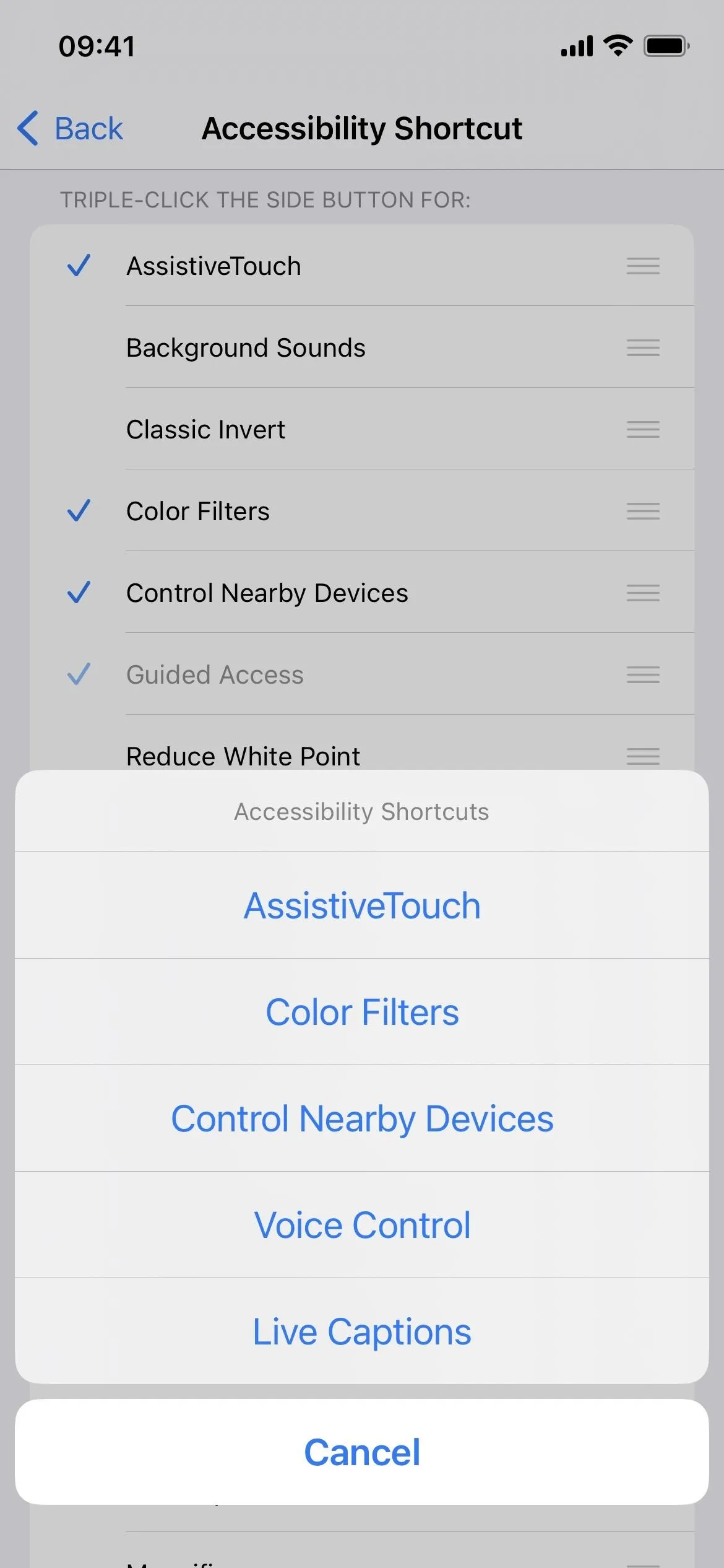 Accessibility settings options on a mobile device.