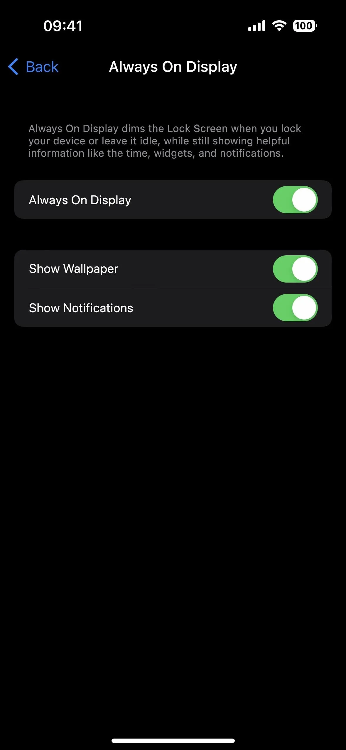 Settings menu for "Always On Display" and "Show Notifications" options.