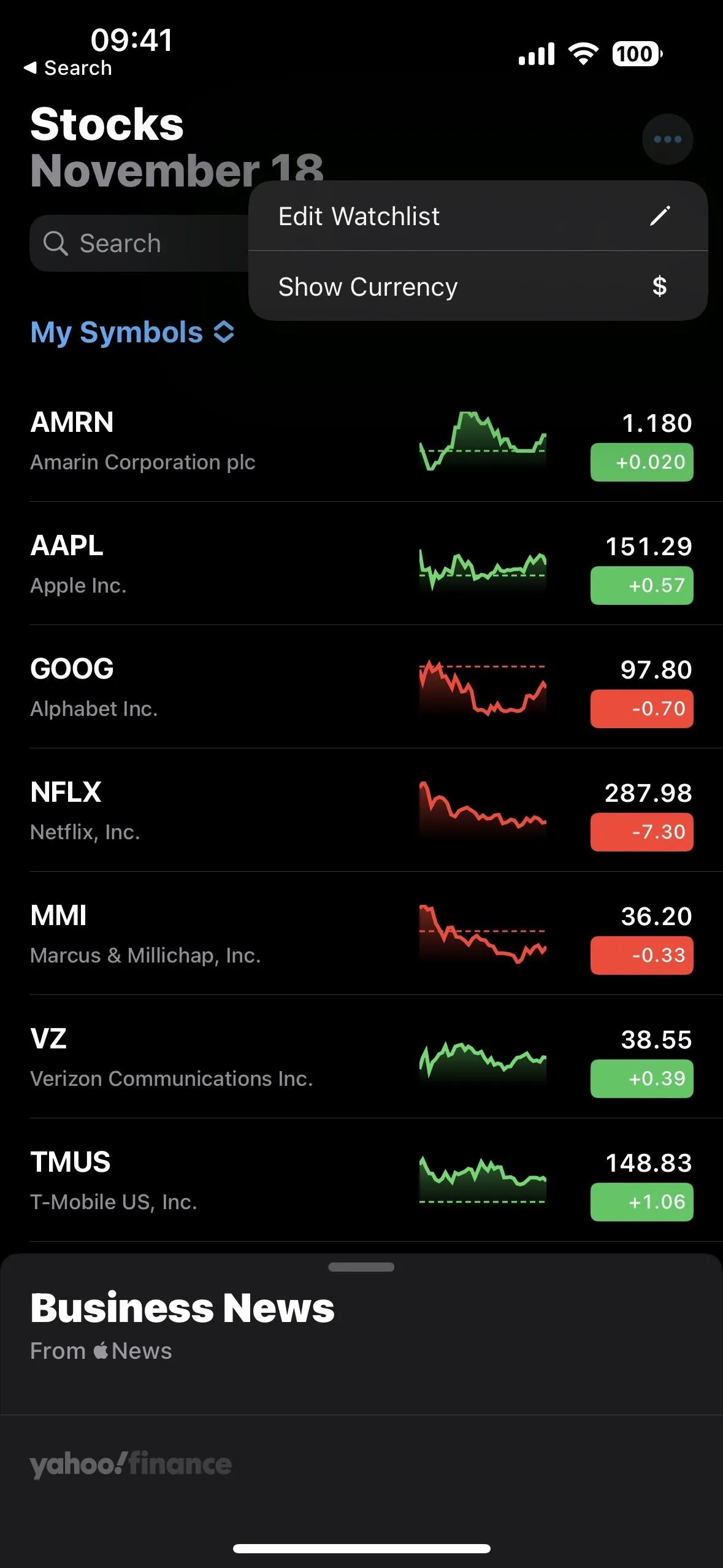 Stock market overview with trending stocks and price changes displayed on a mobile app.