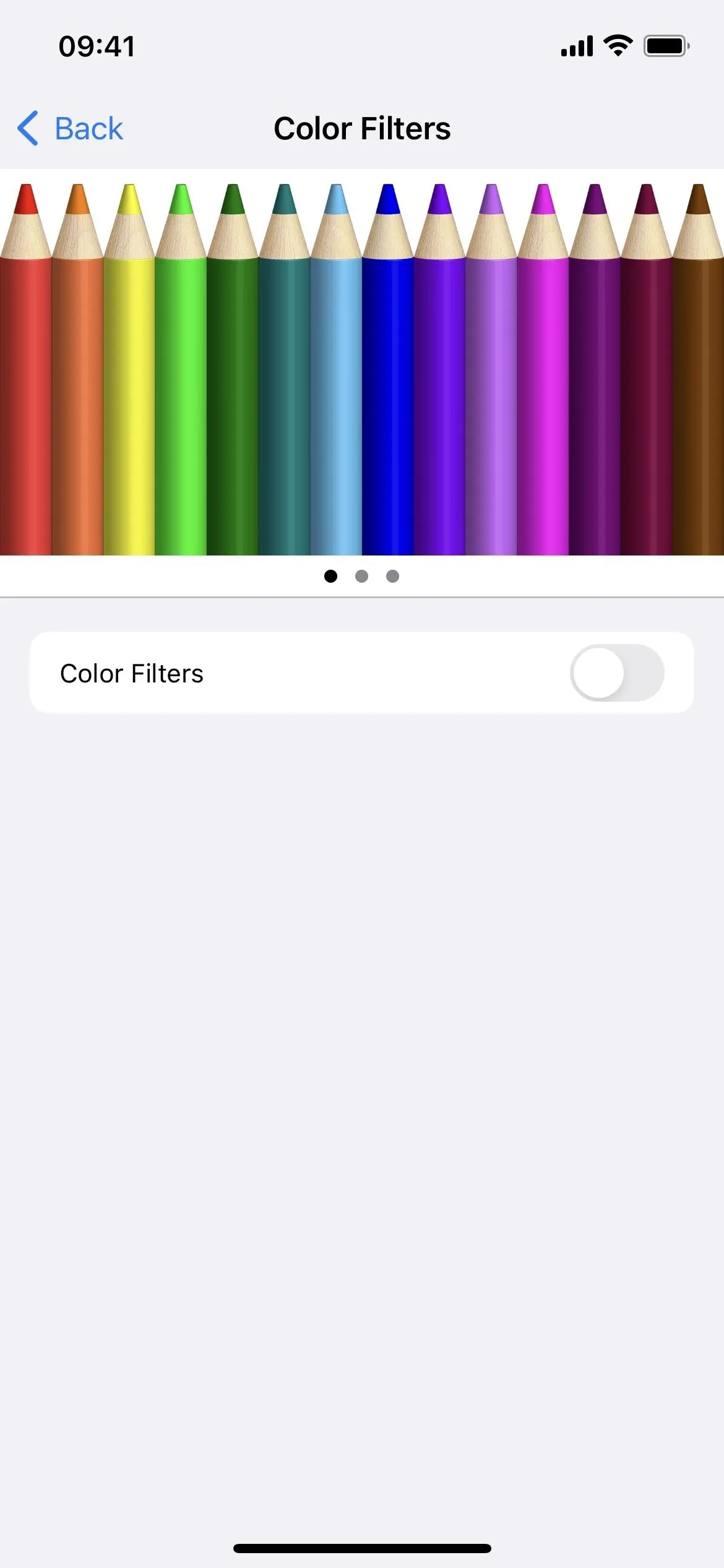 Color filter options displayed above a range of colored pencils.