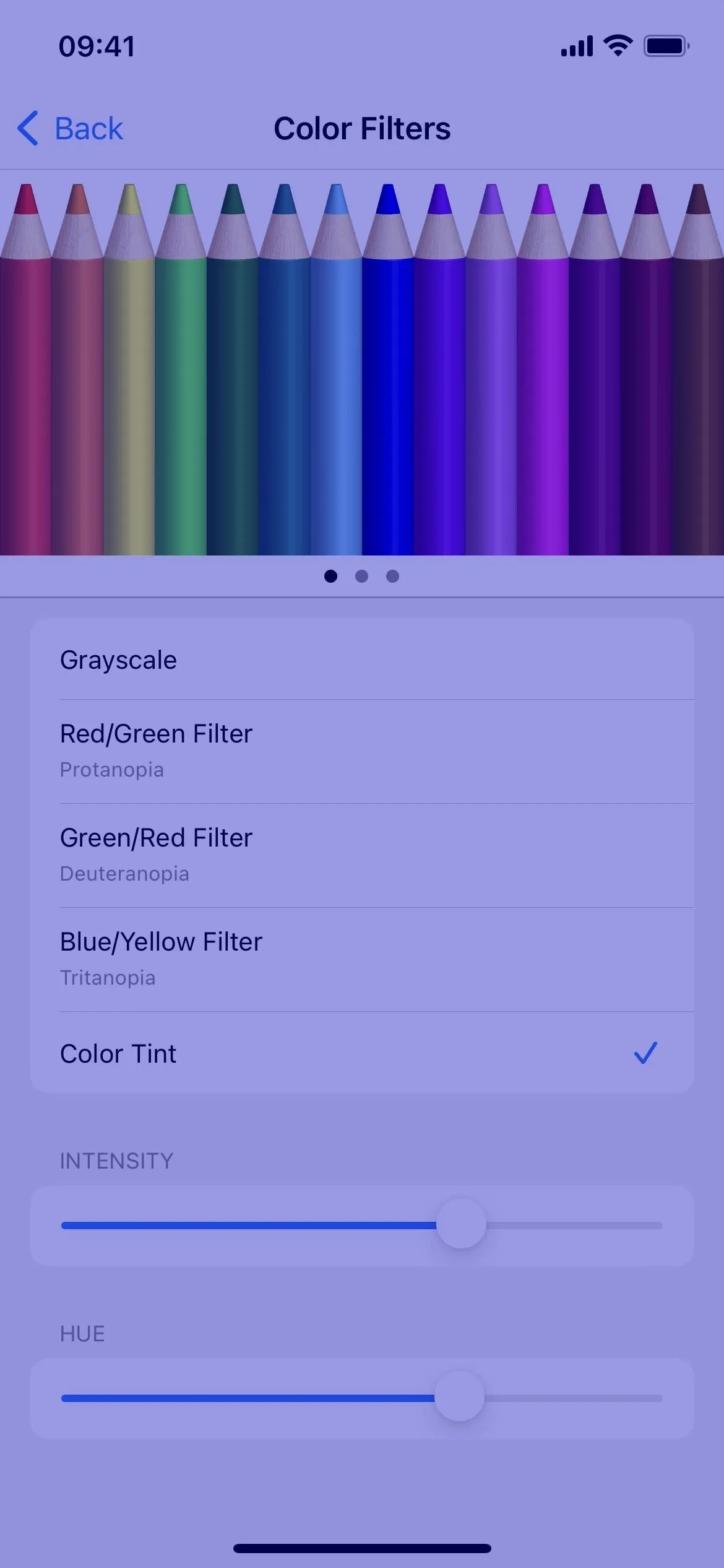 Color palette selection interface with various colored pencils and sliders for customization.