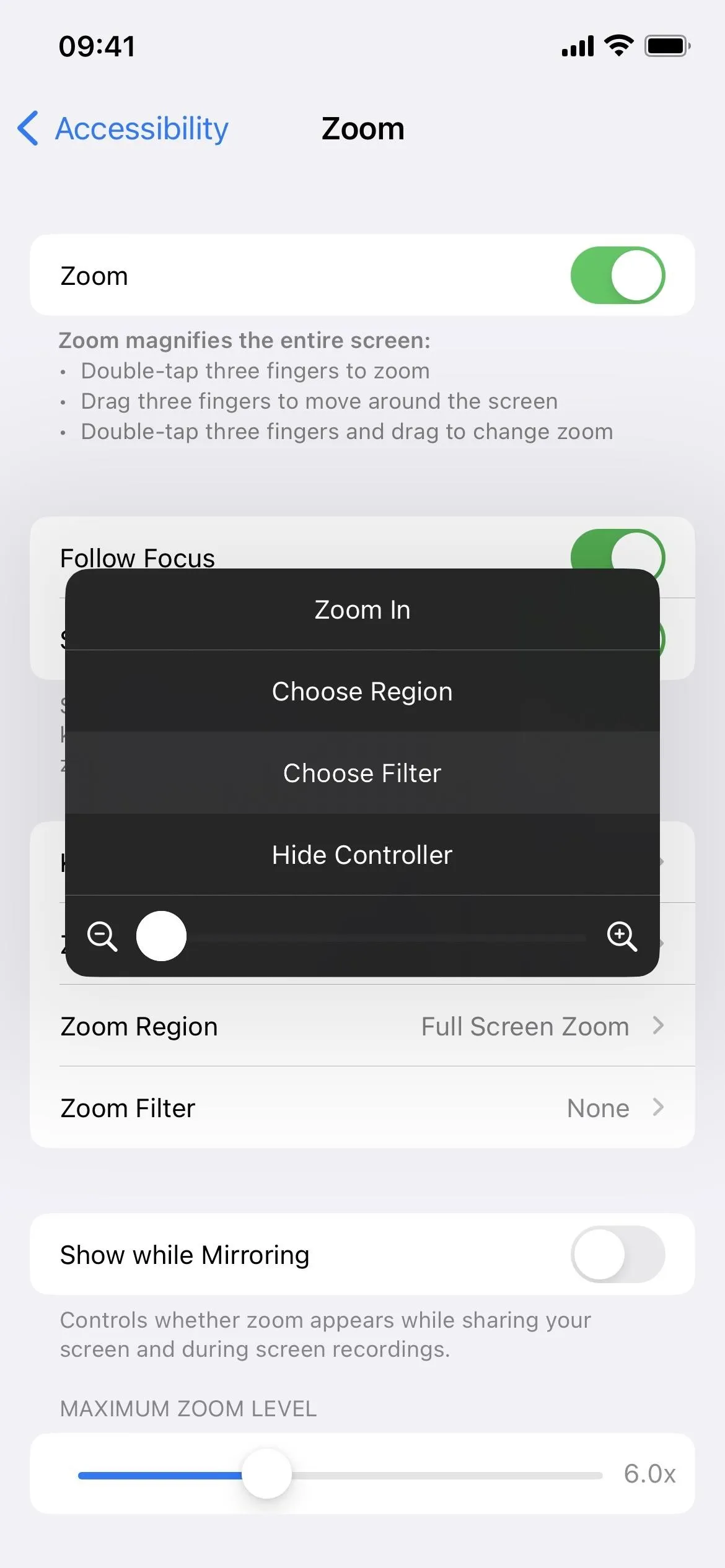 Accessibility settings on a mobile device with Zoom options.