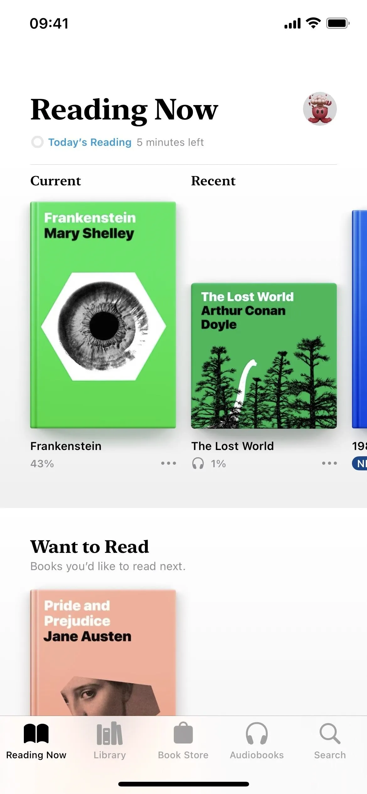 Book selection interface featuring titles on a mobile screen.