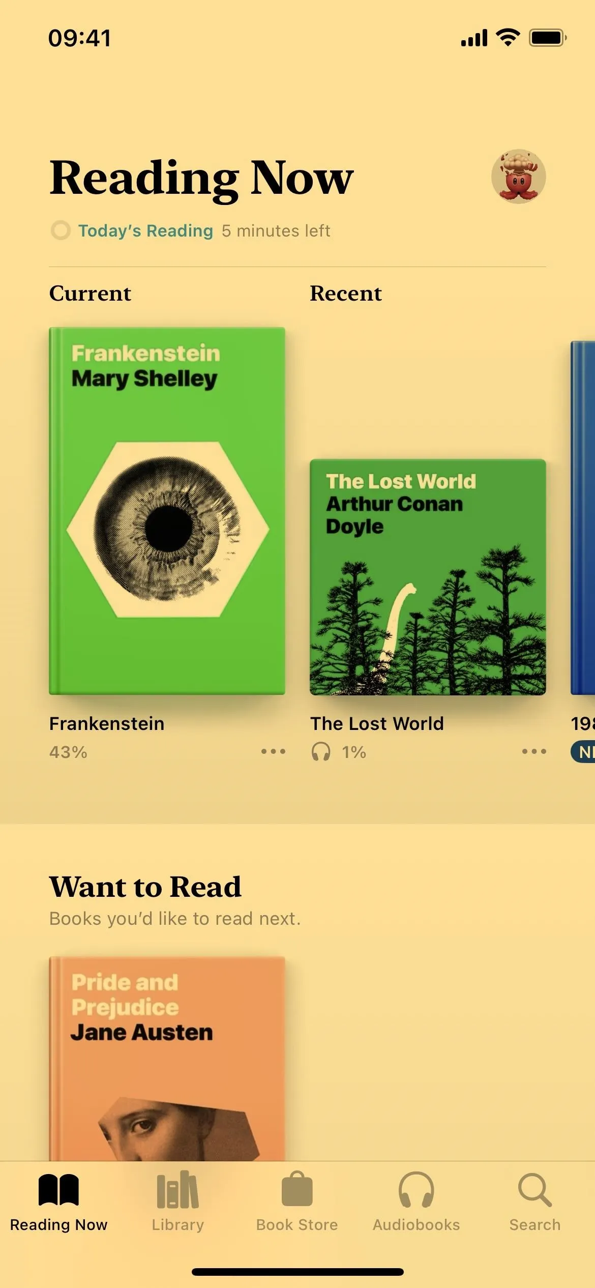 Screenshot of a reading app's interface displaying book recommendations and a "Reading Now" section.