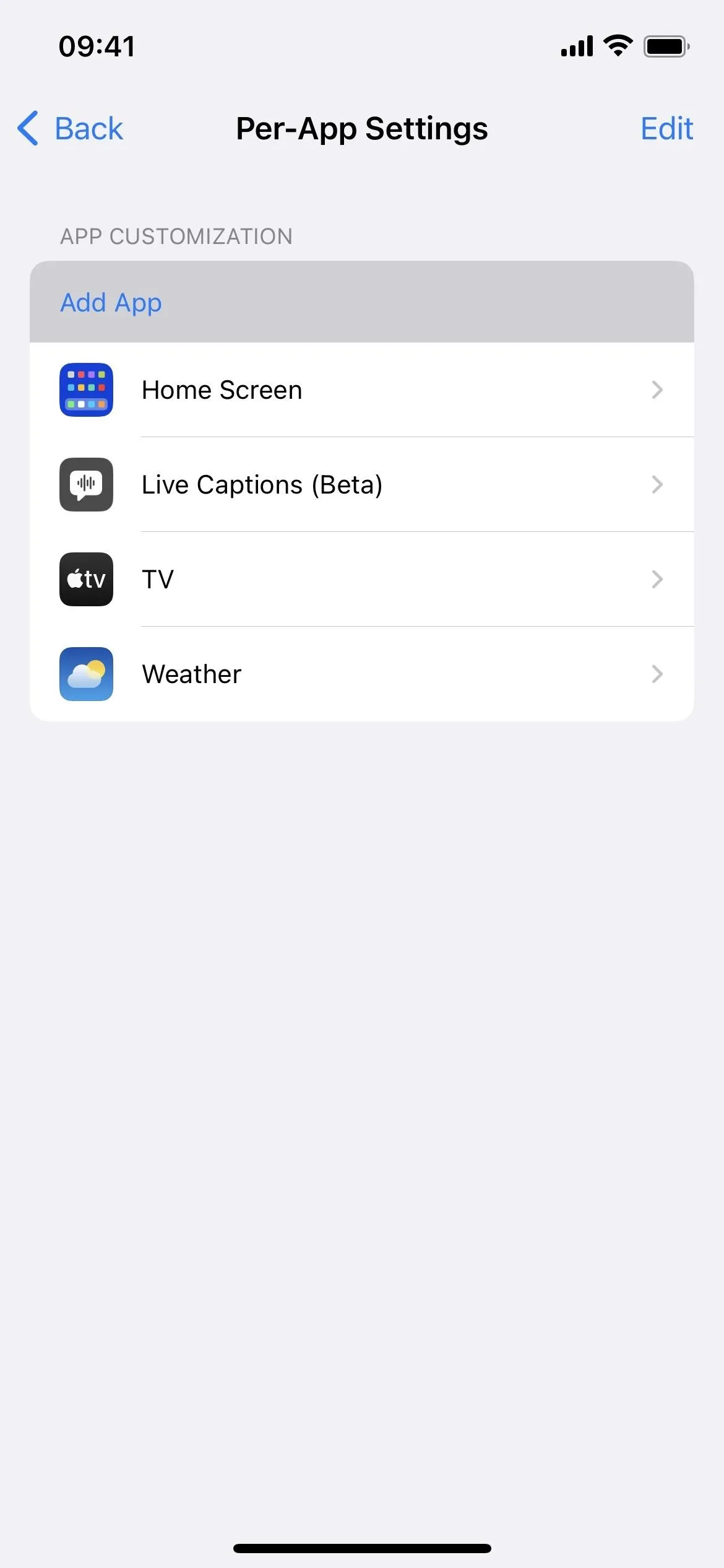 App settings screen displaying various options such as Home Screen, Preferences, TV, and Internet.