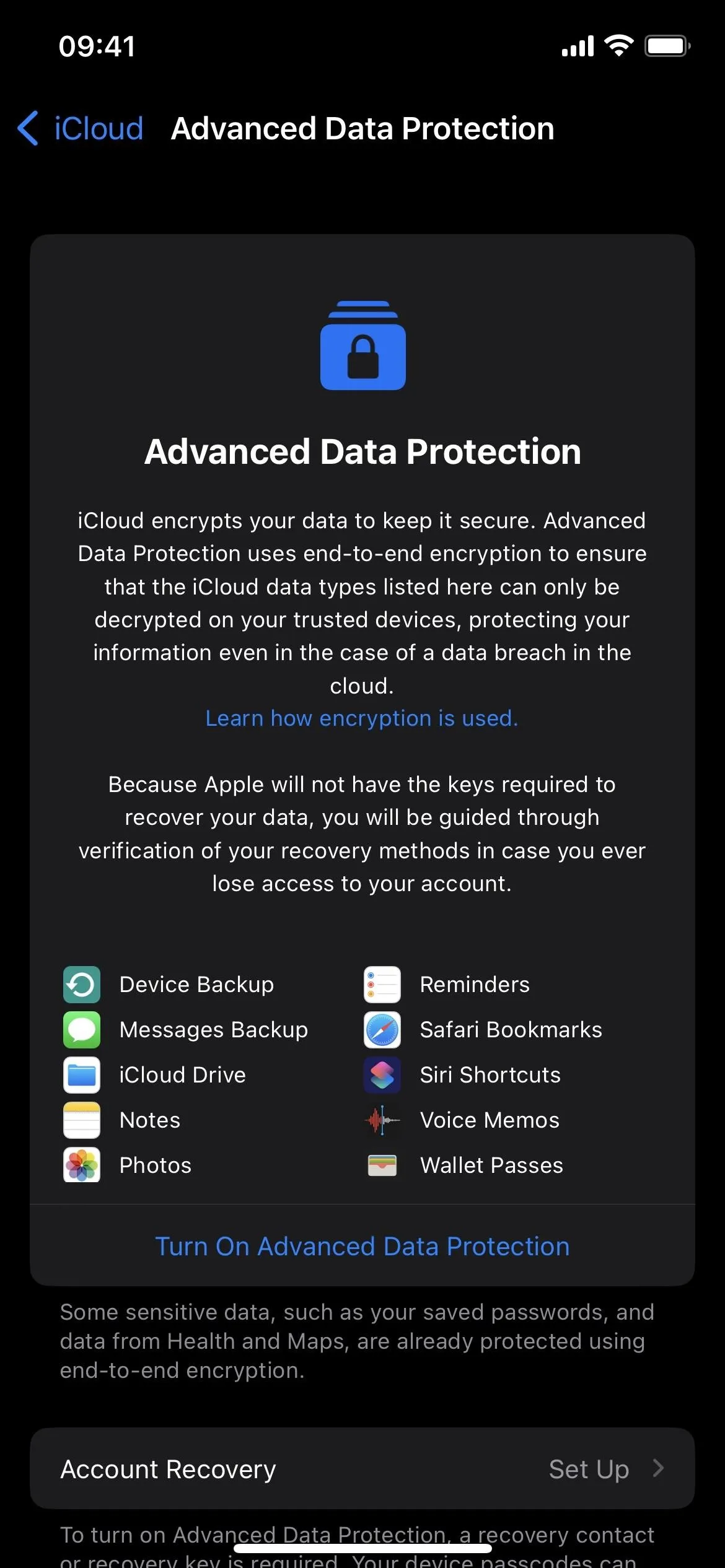 Advanced Data Protection settings interface on a mobile device.